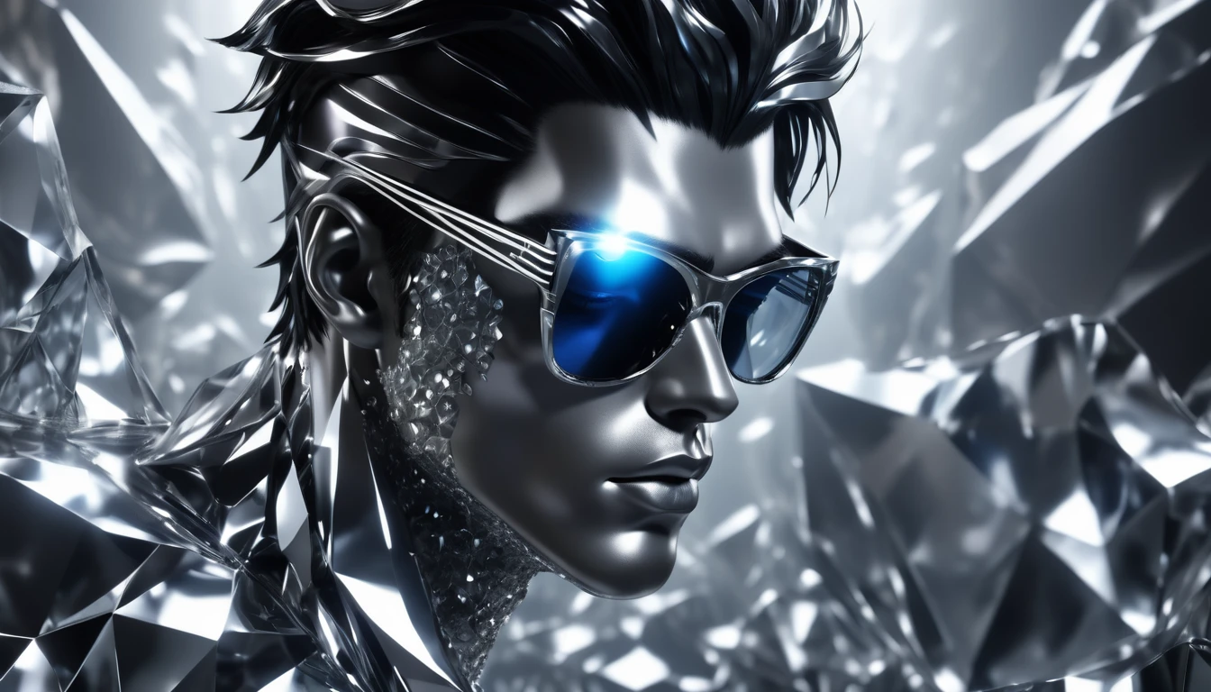 face of a rock singer man, glass glasses, metallic skin, crystal musical notes illustrating the scene, creative image, modern and futuristic design, realistic texture, deep shadows, high contrast, hyper realistic image