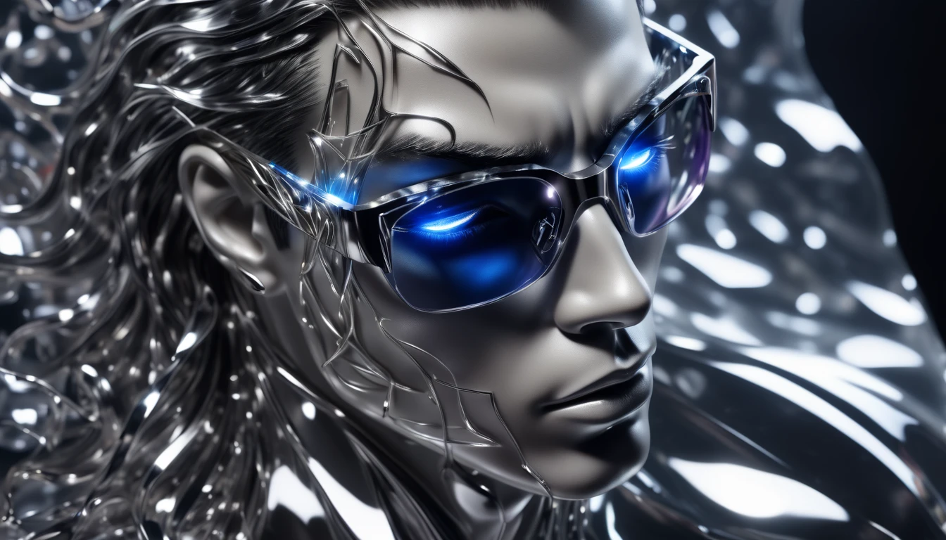 face of a rock singer man, glass glasses, metallic skin, crystal musical notes illustrating the scene, creative image, modern and futuristic design, realistic texture, deep shadows, high contrast, hyper realistic image