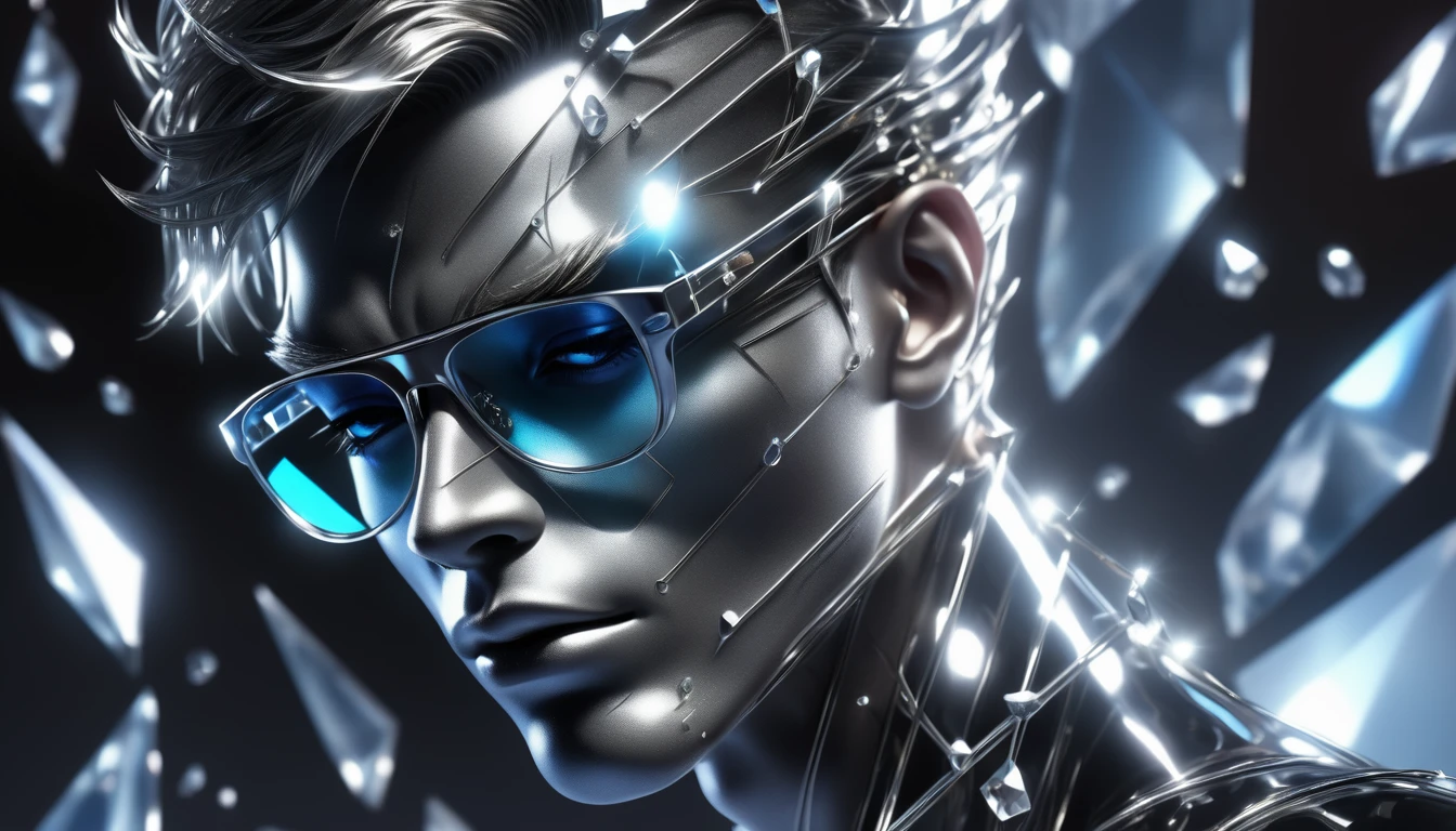 face of a rock singer man, glass glasses, metallic skin, crystal musical notes illustrating the scene, creative image, modern and futuristic design, realistic texture, deep shadows, high contrast, hyper realistic image