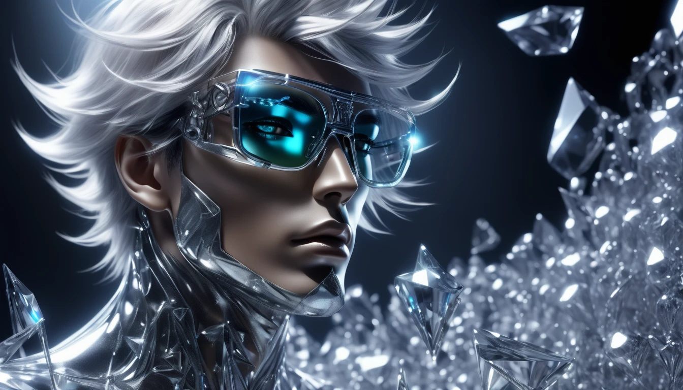 face of a rock singer man, glass glasses, metallic skin, crystal musical notes illustrating the scene, creative image, modern and futuristic design, realistic texture, deep shadows, high contrast, hyper realistic image