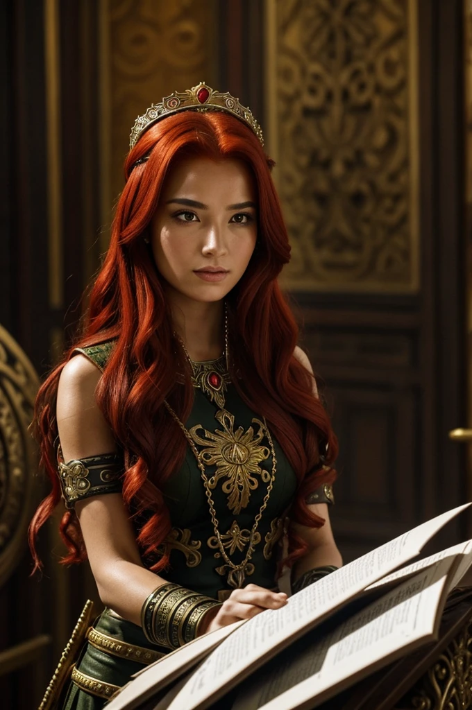 An exuberant woman with red hair and olive skin. She is the princess of an apocalyptic world thrown into chaos. Only documents count. Ma lei disapprova sua padre l'imperatore ed è l'amante di un prigioniero che scriveva storie