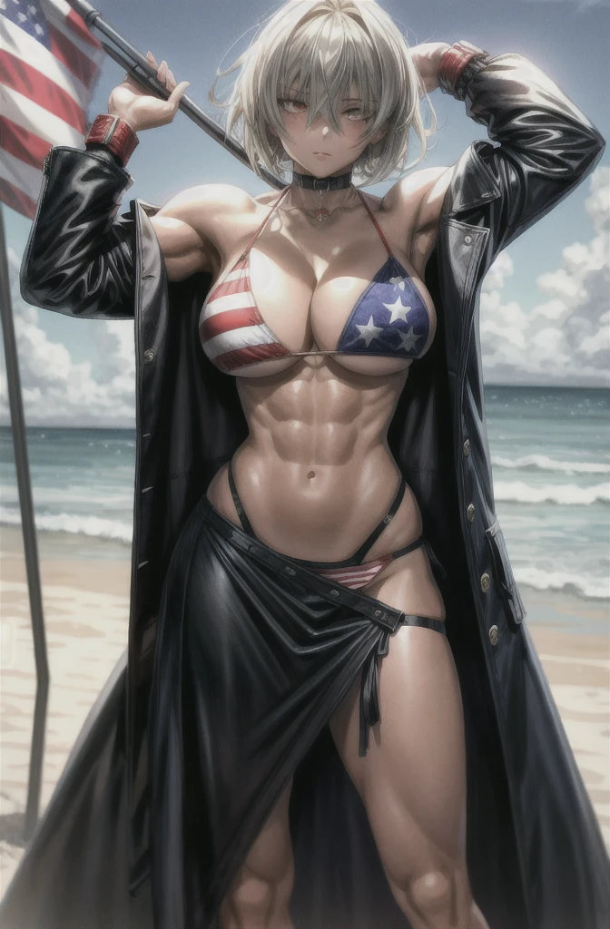 score_9, score_8_up, score_7_up, hellsing,, Seras_victoria, 1girl, solo, outdoors, beach, flag bikini, american flag bikini, American flag, tomboy, shy, blush, gyaru, standing, choker, looking to the side,muscular,muscle