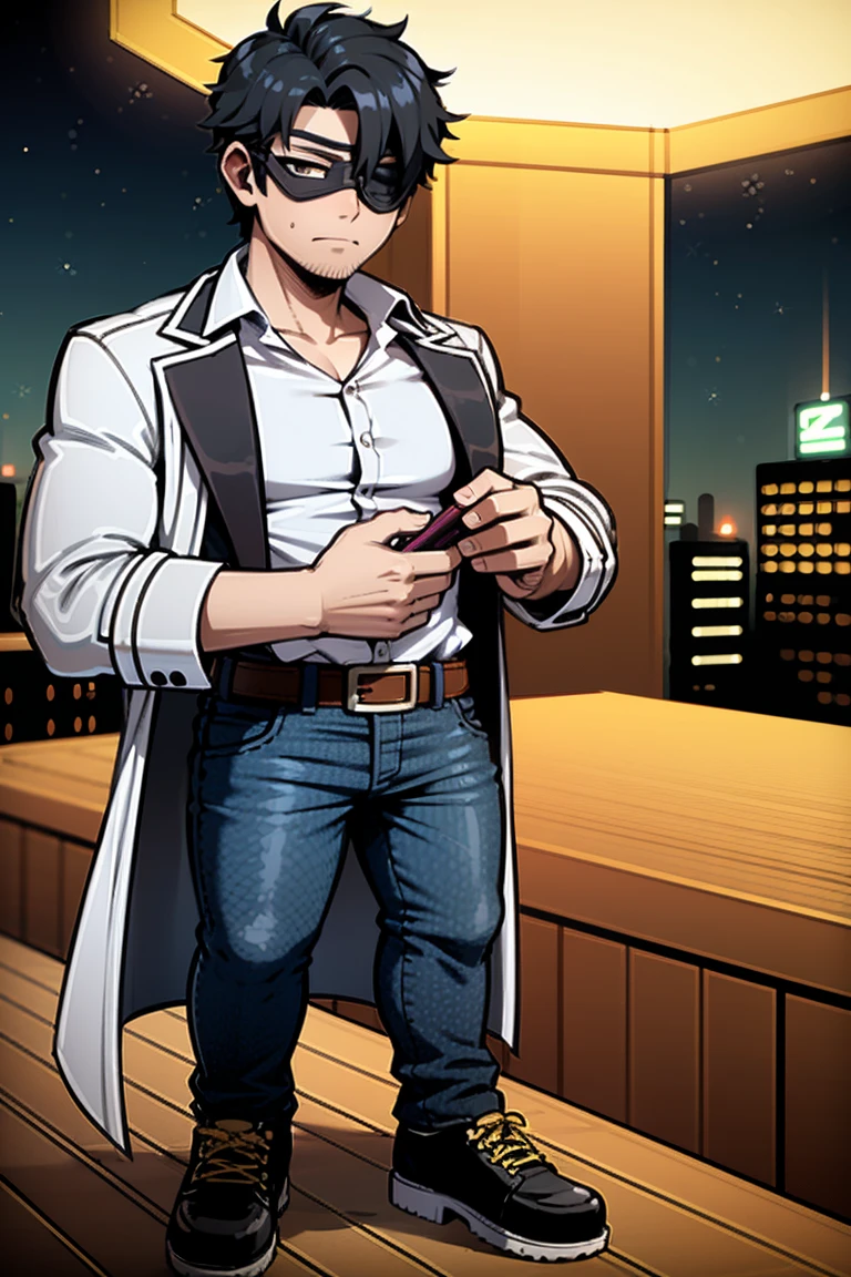((illustration)), (best quality)), ((masterpiece)), (detailed), ((night)), teenager, solo, 1boy, male focus, black trench coat, black hair: 2, spiky hair, jeans, rubber shoes, cityscape, lineart, thick lines, itadori, itadori_yuuji, hair bangs, muscular, turtleneck, eyepatch,