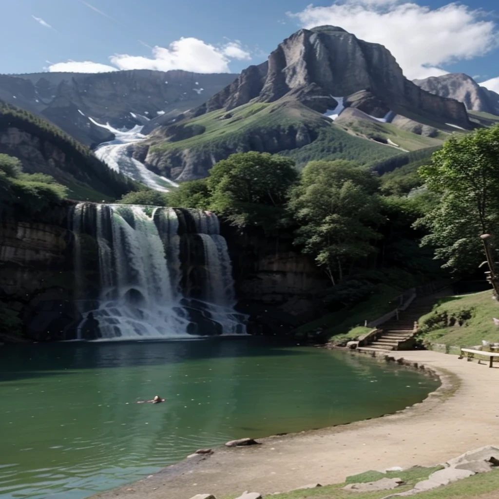 mountain, mosque, lake, waterfalls