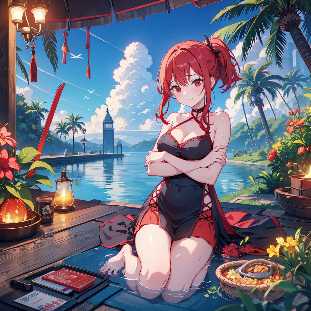 Parasol, food, basket, flip flops, vinyl sheet, Beaches and sands, Calm expression, Perfect hands, elder, Red Hair, The dignity of a 50-year-old, 落ち着きのあるwoman, solo、(Highly detailed background:1.0)、(Highly detailed background:1.0)、masterpiece、Highest quality、(Babes)、Fractal Art、Red eyes、Narrow eyes、black and red dress, Reddish cheeks、Tropical Sea、From the shoulders up、Recall、smile、One Woman、Three-dimensional clouds、Venice beach, Red long ponytail, Red eyes,スタイリッシュなアクセサリーsolo, Big Breasts, woman, Take-out, Provocative laughter,40 year old woman,Queen of Sadism, Highly detailed background, Great writing style, Clasp your arms in front of your chest, Splash, Diffuse reflection of light, Perfect Human Medicine, Water breathing, Bare Skin, barefoot, Sweat,