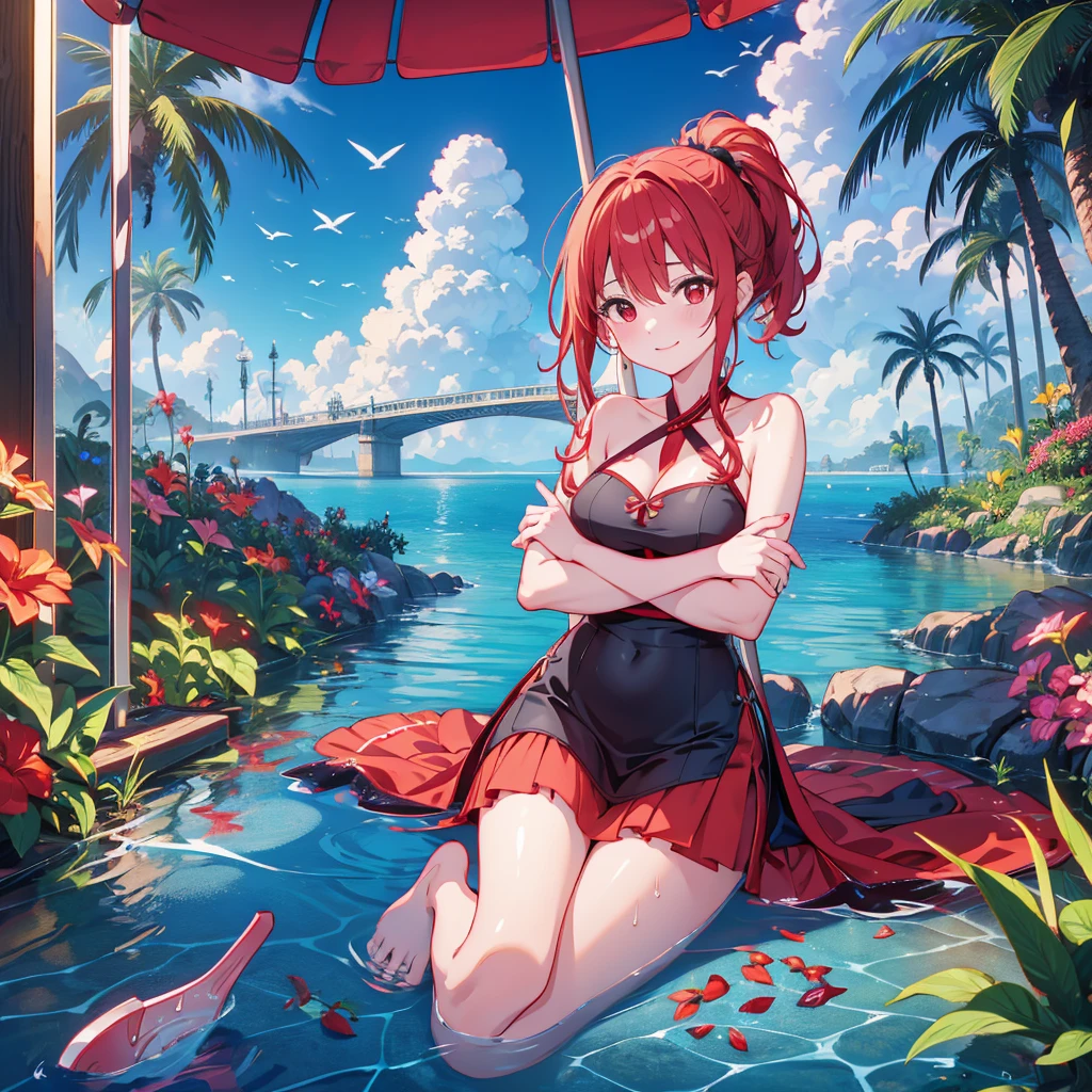 Parasol, food, basket, flip flops, vinyl sheet, Beaches and sands, Calm expression, Perfect hands, elder, Red Hair, The dignity of a 50-year-old, 落ち着きのあるwoman, solo、(Highly detailed background:1.0)、(Highly detailed background:1.0)、masterpiece、Highest quality、(Babes)、Fractal Art、Red eyes、Narrow eyes、black and red dress, Reddish cheeks、Tropical Sea、From the shoulders up、Recall、smile、One Woman、Three-dimensional clouds、Venice beach, Red long ponytail, Red eyes,スタイリッシュなアクセサリーsolo, Big Breasts, woman, Take-out, Provocative laughter,40 year old woman,Queen of Sadism, Highly detailed background, Great writing style, Clasp your arms in front of your chest, Splash, Diffuse reflection of light, Perfect Human Medicine, Water breathing, Bare Skin, barefoot, Sweat,