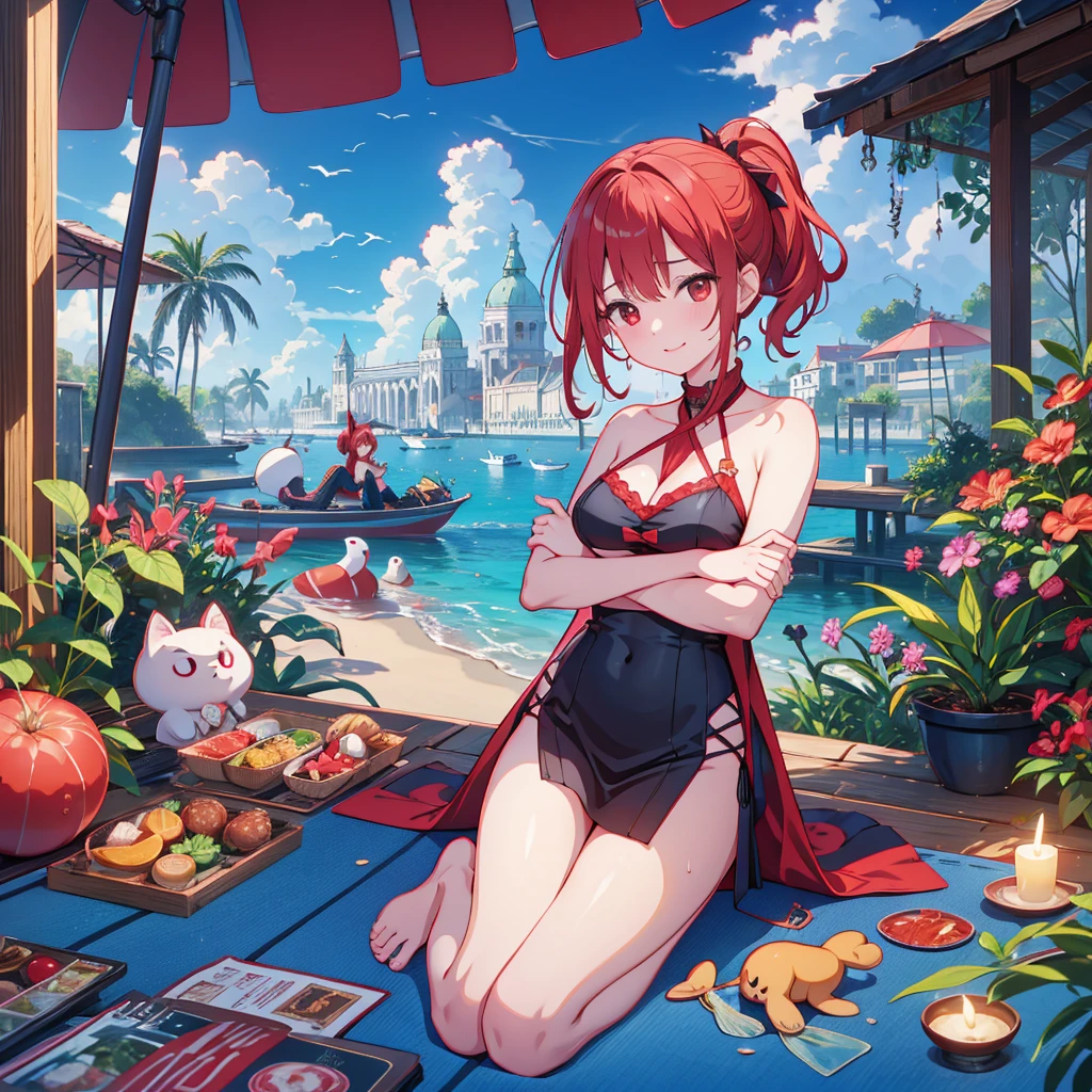Parasol, food, basket, flip flops, vinyl sheet, Beaches and sands, Calm expression, Perfect hands, elder, Red Hair, The dignity of a 50-year-old, 落ち着きのあるwoman, solo、(Highly detailed background:1.0)、(Highly detailed background:1.0)、masterpiece、Highest quality、(Babes)、Fractal Art、Red eyes、Narrow eyes、black and red dress, Reddish cheeks、Tropical Sea、From the shoulders up、Recall、smile、One Woman、Three-dimensional clouds、Venice beach, Red long ponytail, Red eyes,スタイリッシュなアクセサリーsolo, Big Breasts, woman, Take-out, Provocative laughter,40 year old woman,Queen of Sadism, Highly detailed background, Great writing style, Clasp your arms in front of your chest, Splash, Diffuse reflection of light, Perfect Human Medicine, Water breathing, Bare Skin, barefoot, Sweat,