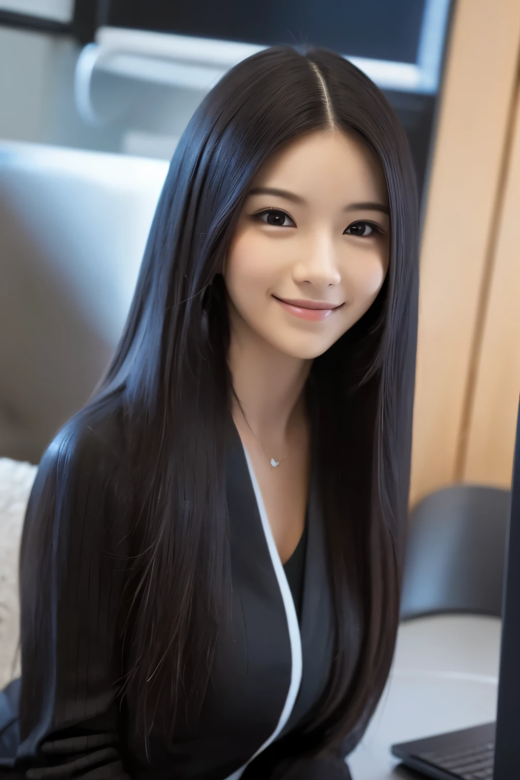 best quality, 1 beautiful woman, long black hair, straight hair, white skin, shy smile, wearing a suit, office background, upper body