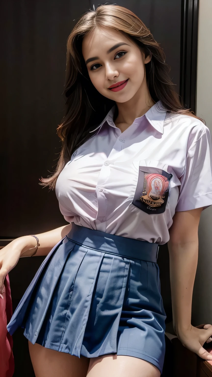 (best quality,4k,highres),ultra-detailed,realistic,cosplay,student uniform, unbutton clothes, unbutton shirt, mini skirt, (skirt lift up:1.5), smile, laugh, open legs,beautiful woman,big breasts, show nipples detailed, dark hairy pussy, pubic hair, naughty seductive,vivid colors,portrait,soft lighting