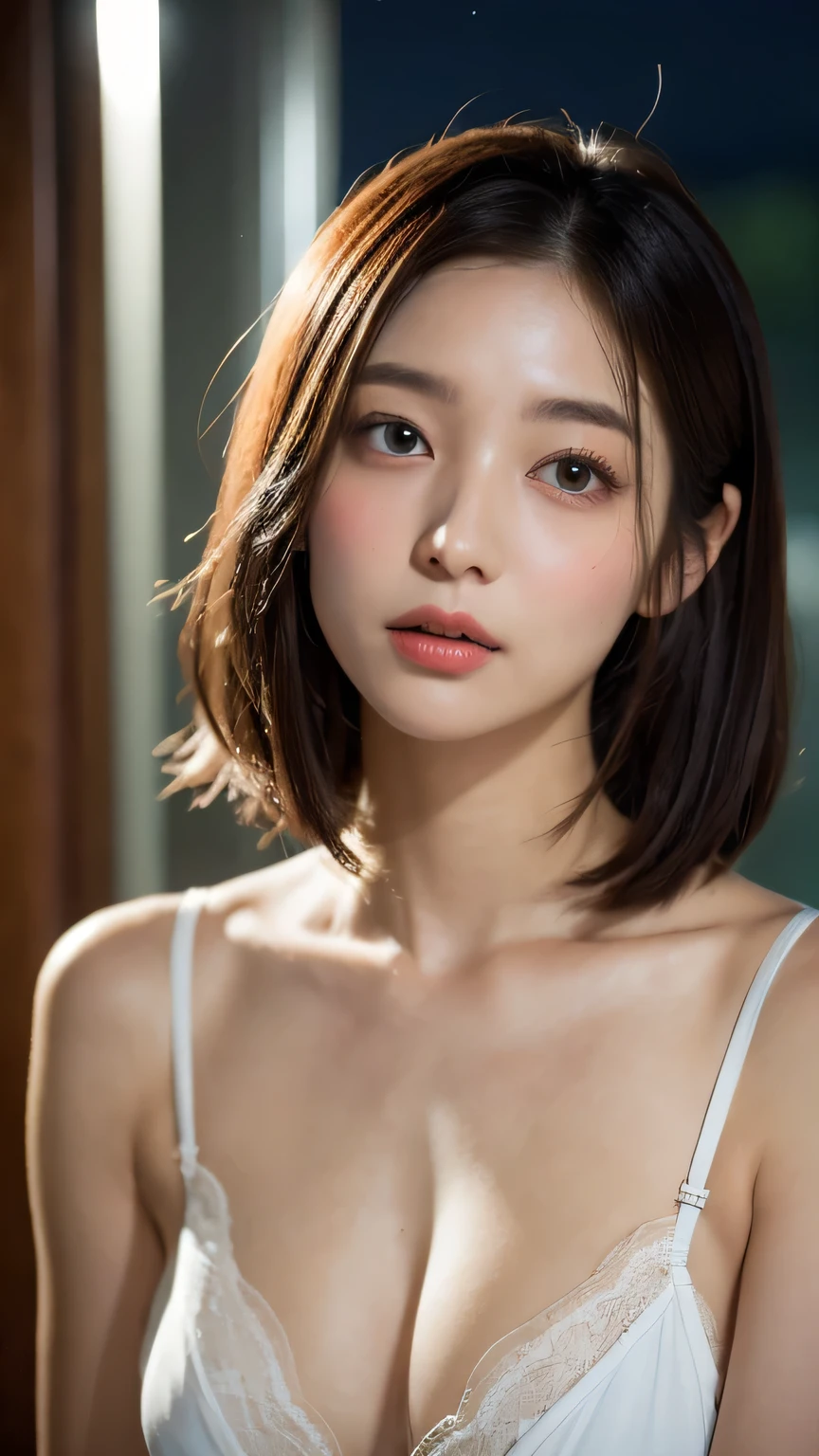 (night:1.7), East Asian architecture, 1 female,(lingerie), Brunette Farbe hair,(Hair between the eyes), Restore, Lip valve, 30 years old,beautiful fingers,beautiful long legs,Beautiful body,beautiful nose,beautiful character design,perfect eyes,s the perfect face,View your viewers,(Innocent__eyes:1.0),(Light_笑face:0.3),Official Art,Very detailed CG Unity 8k wallpaper,Perfect lighting,Very Farbeful,bright_front_face_Lighting,(masterpiece:1.0),(Highest_quality:1.0), 超High resolution,4K,Very detailed, photo shoot, 8K, High resolution, High resolution, absurdes:1.2, Kodak Portrait 400, Film Grain, The background is blurred, bokeh:1.2, Lens flare brilliance, ( Vibrant_Farbe:1.2) (beautiful,big_chest:1.4), (beautiful_face:1.5),(narrow_Upper Body),8K, yes,RAW Photos, See-through, Transparent clothing,Big chest、Lying in bed、In the bedroom、Lying in bed