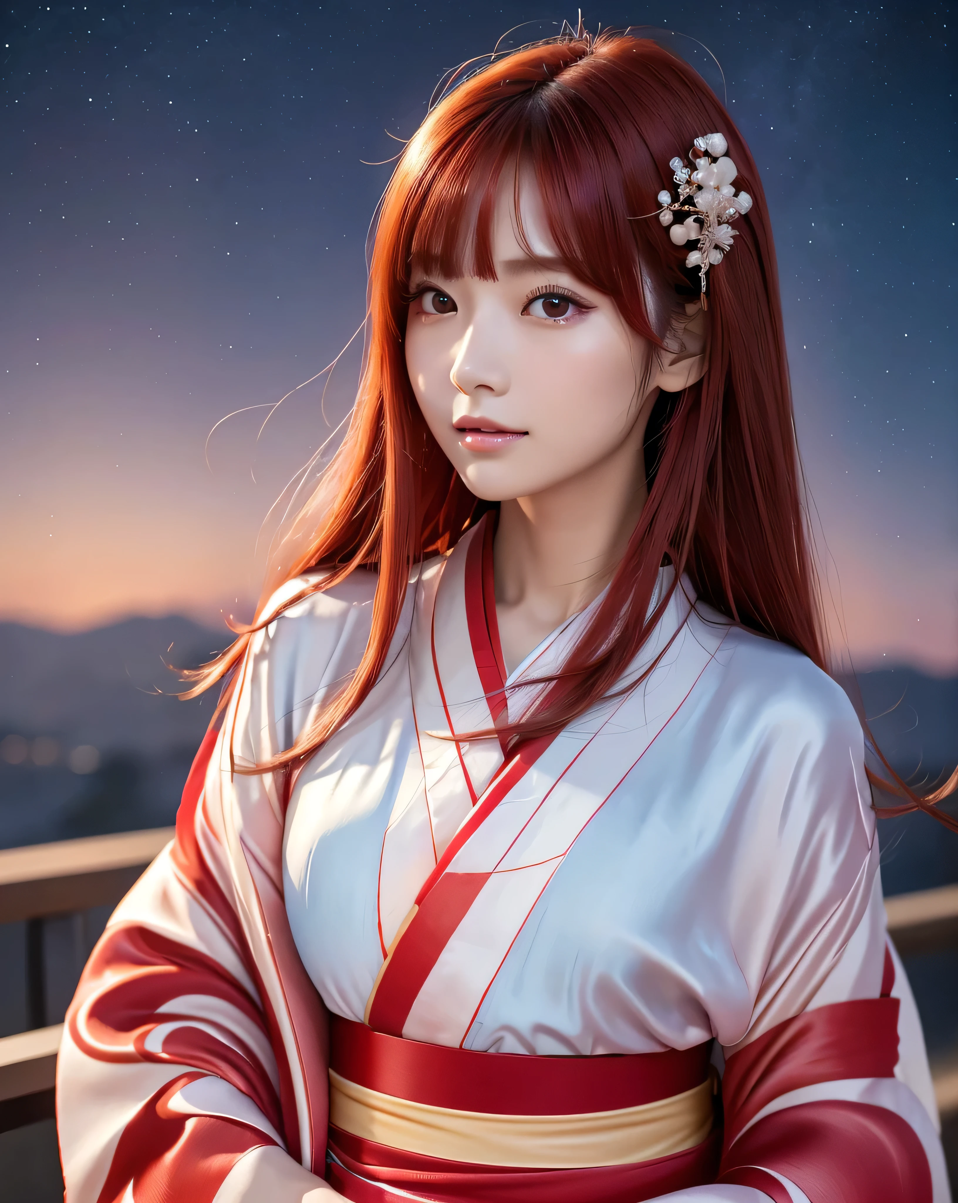 (Highest quality, 32k, High resolution, Masterpiece:1.5, ), marimo_jet, god々A photograph with brilliant dazzling and healing power., Evoking a sense of calm and elusive beauty, Expressing emotions, Have a rich imagination,Beautiful Japanese Girls, ((Shooting from the side:1.5)), An exceptionally beautiful face, Small Face Beauty, Perfect Human Anatomy, Magical big eyes, Motherhood and generosity, Deep Love, fleeting smile, ((shiny red hair:1.1)), ((Super Long Straight Silk Hair)), Asymmetrical bangs, Hair between the eyes, Transparent, soft white skin, Sharp eyebrows, Thin lashes, Natural Makeup, Cheek highlighter, Pale pink detailed lips, , ((red kimono:1.5)), Slim figure with ample breasts, ((Detailed night sky background:1.3)), , Professional Lighting,Photographer, Professional models, God's Secret
