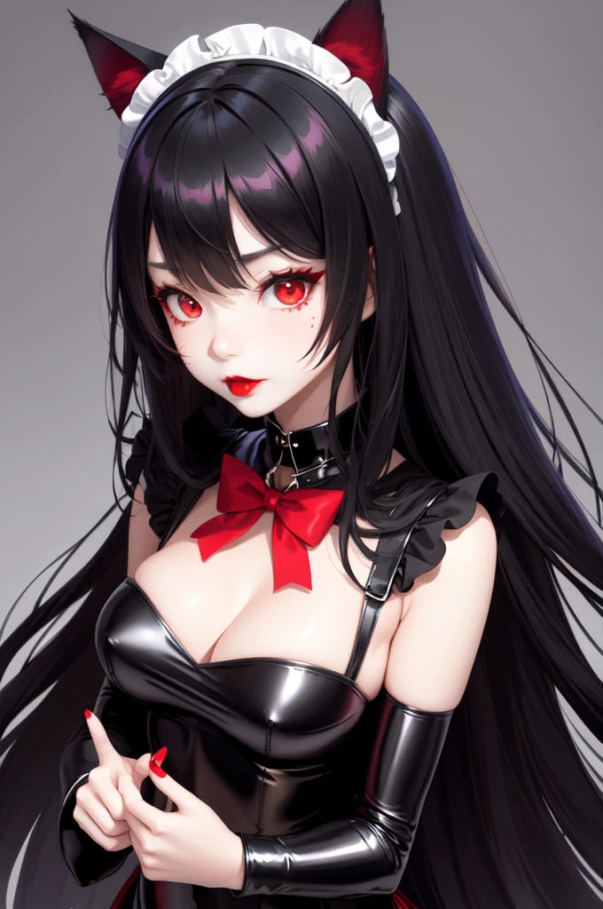 1 girl、Detailed facial details,Cat ear,Black long hair,Red lips,Slim,Large Breasts,Wearing black latex tights maid outfit,silk garment,Maid headdress,With red bow tie,Charming red eye,,Handcuffs,collar,Radiant Skin,Bright castle,Medieval Castle