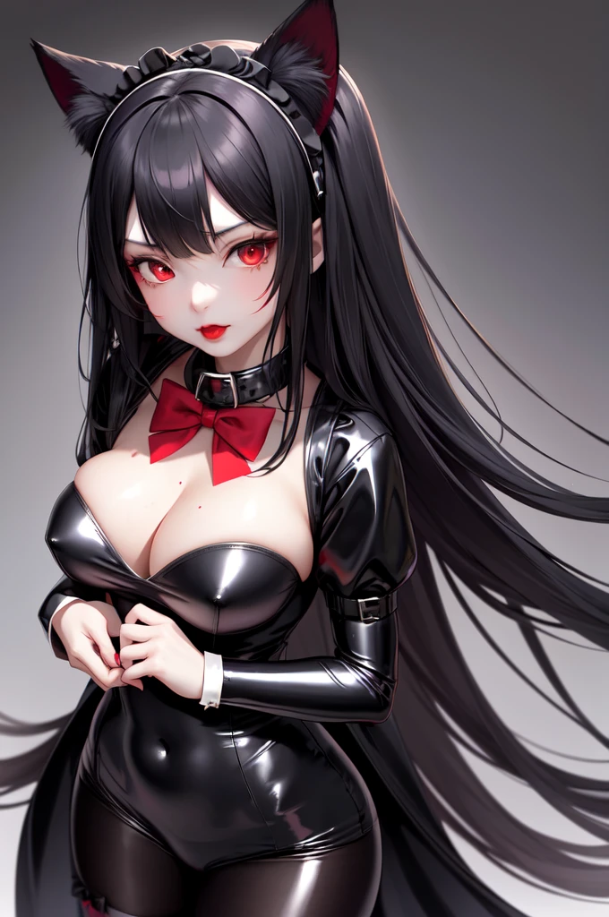 1 girl、Detailed facial details，Cat ear，Black long hair,Red lips，Slim，Large Breasts，Wearing black latex tights maid outfit，silk garment，Maid headdress，With red bow tie，Charming red eye,，Handcuffs，collar，Radiant Skin，Bright castle，Medieval Castle