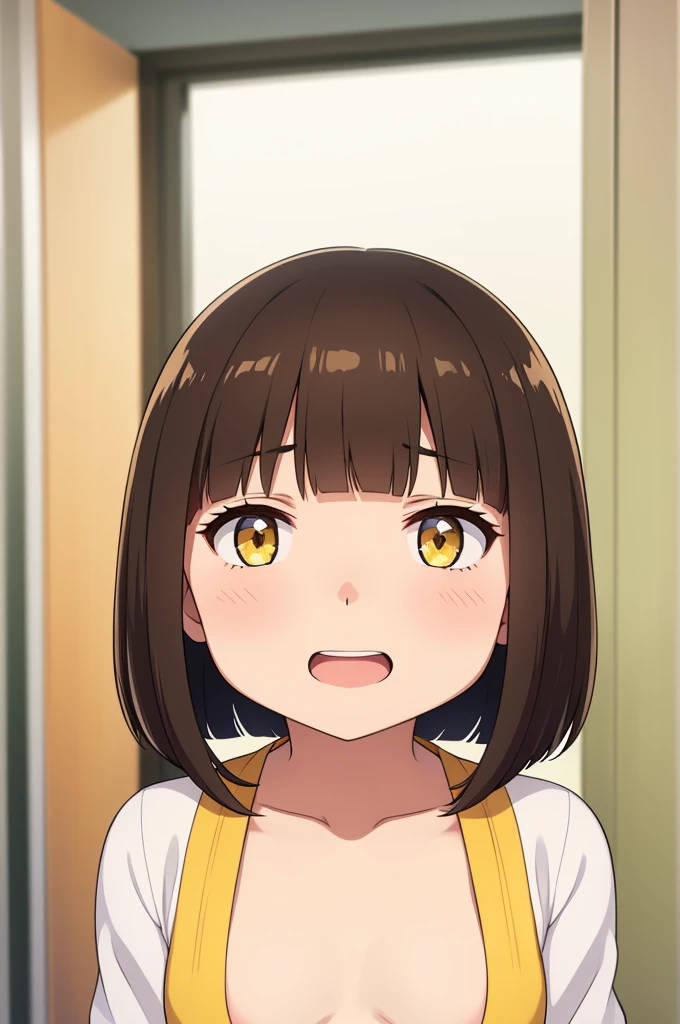 ((Small Breasts)),Highest quality、Very delicate and beautiful、((Very short bangs))、((Bangs))、Light shiny brown hair、The hair is light、((Short Bob))、Cute face、Young face、Cute like an idol、Yellow Eyes、Are thin、Slim figure、Short、(Child body type)、Embarrassed face、Open Mouth、smile、Red face、(School classroom)、Photographed from the front、