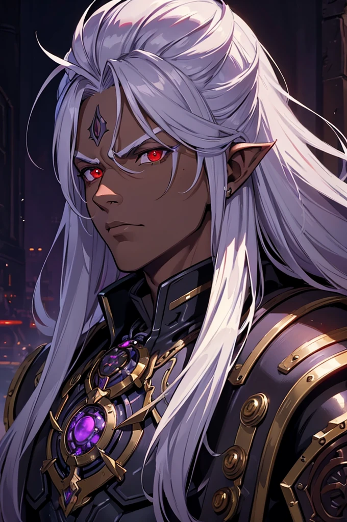((best quality)), ((masterpiece)), (detailed), ((boy)), ((mechanical armor)), (dungeonpunk),(steampunk), (serious), dark skinned, human, upper body, portrait, red eyes, long white hair, Xemnas from Kingdom Hearts, half-drow, pointy ears, serious face, dramatic lighting, purple hue, art by Kinema Citrus