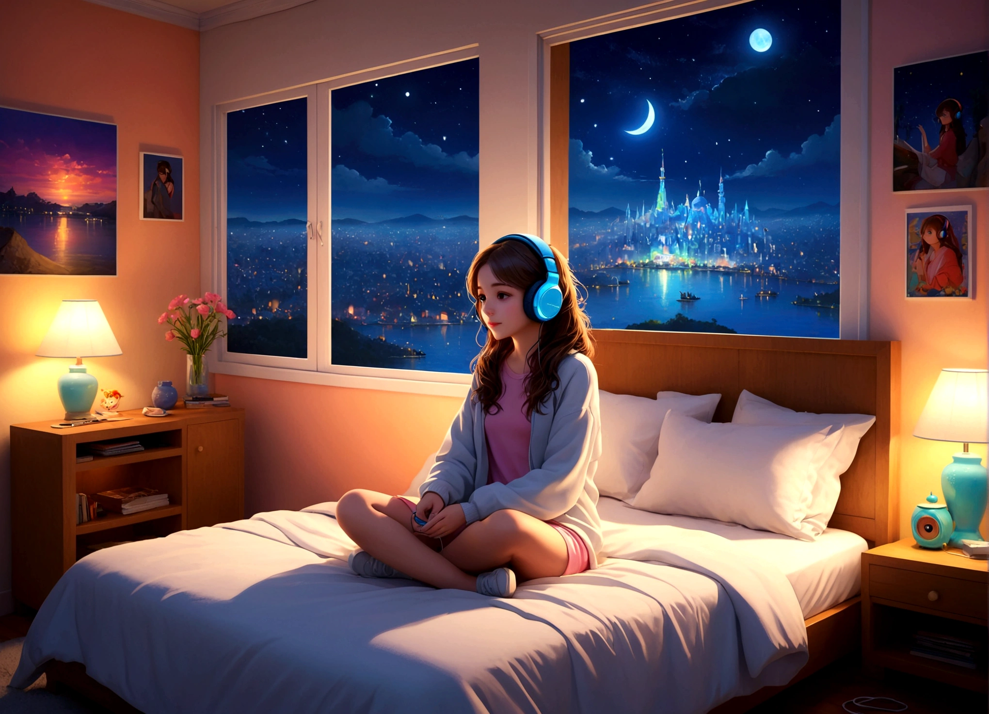 masterpiece, highest quality, beautifully (One girl), Very detailed,colorful, Most detailed、headphones on, ( bedroom, night time)