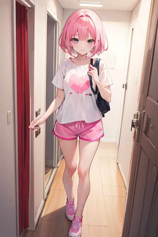 cute girl with short pink hair with bangs, wearing a white shirt and pink shorts, walking out the bedroom door, not looking at the camera, 8k