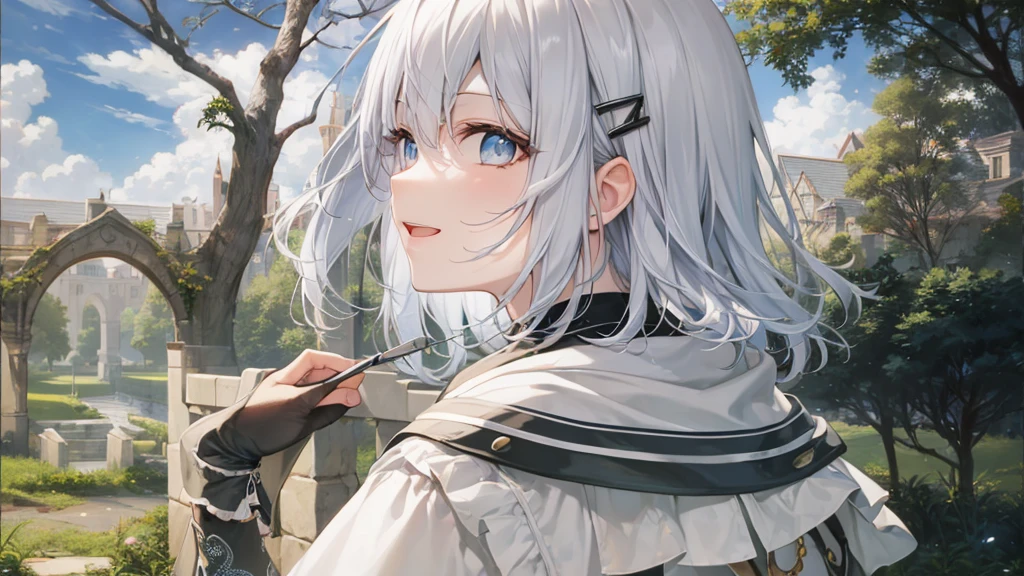Her eyes were shining、Mysterious and enchanting atmosphere。With AI Painting、とてもShort Hair, Long bangs between the eyes, Grey Eyes , Very detailed,(masterpiece、Highest quality)、alone、Gray Hair、Fantasy, Silver Hair, Beautiful Eyes,Ecstasy, charm, attract the audience, Fantasyな風景、White shirt、smile、Open your mouth、Scarf、short hair、Short Hair、hairpin、Dark Eyes、Anime Eyes、Beautiful eyes、Eyes written in detail