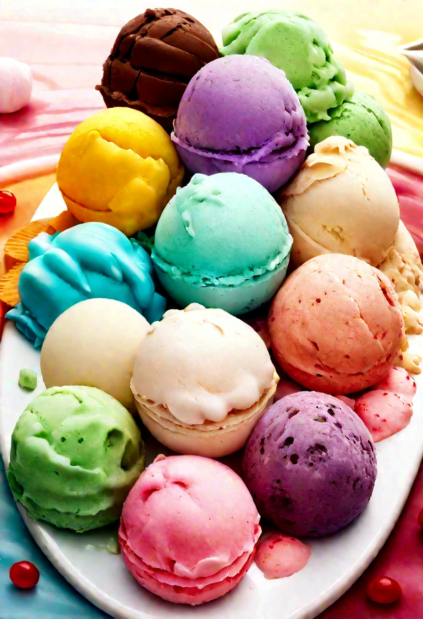 Melting ice cream ball, porcelain, With a creamy texture, Photographed for a promotional photo, Highlight the intricate details of ice cream layers and toppings, Enhance colors with HDR effect、Make your images cinematic, Edit in Adobe Lightroom for even better quality, The result is a very fine ice cream..