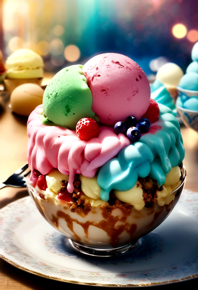 Melting ice cream ball, porcelain, With a creamy texture, Photographed for a promotional photo, Highlight the intricate details of ice cream layers and toppings, Enhance colors with HDR effect、Make your images cinematic, Edit in Adobe Lightroom for even better quality, The result is a very fine ice cream..