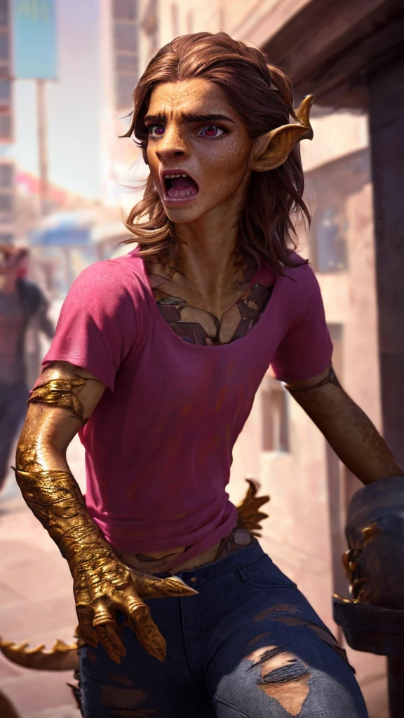 1girl, ewt, Emma watson, beautiful detailed eyes, horrified, scared, beautiful detailed lips, extremely detailed eyes and face, long brown hair, pink t-shirt, jeans, tattered clothes, standing on a street corner, award winning, intricate details, photorealistic, cinematic lighting, volumetric lighting, depth of field, beautiful face, striking pose, dynamic composition, vivid colors, warm tones, transformation into a dragon, green dragon with gold scales, magma scales
