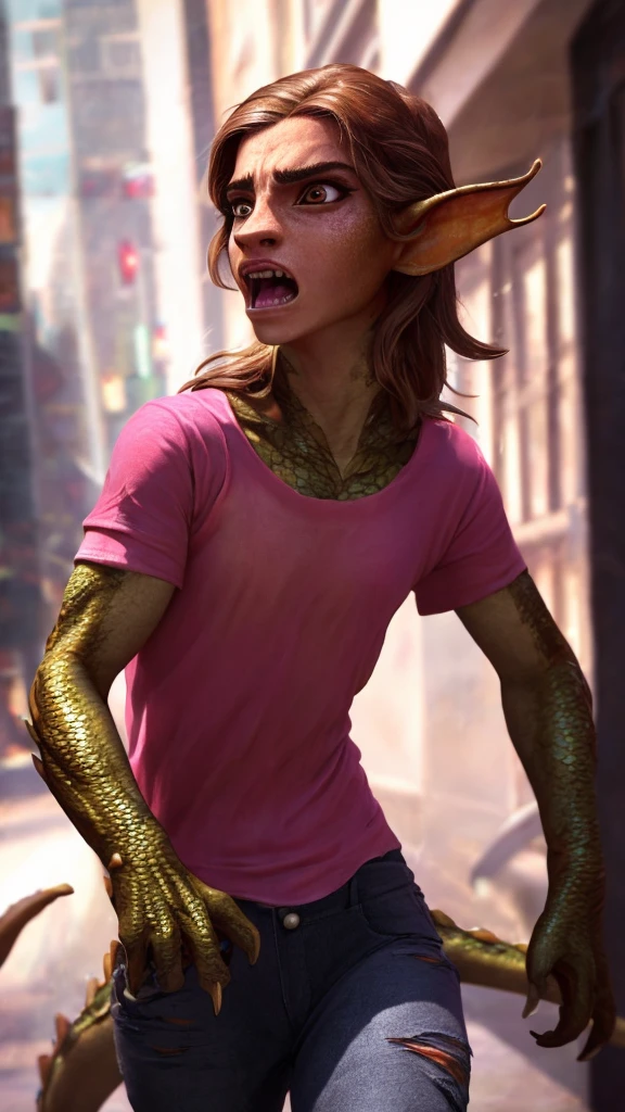 1girl, ewt, Emma watson, beautiful detailed eyes, horrified, scared, beautiful detailed lips, extremely detailed eyes and face, long brown hair, pink t-shirt, jeans, tattered clothes, standing on a street corner, award winning, intricate details, photorealistic, cinematic lighting, volumetric lighting, depth of field, beautiful face, striking pose, dynamic composition, vivid colors, warm tones, transformation into a dragon, green dragon with gold scales, magma scales