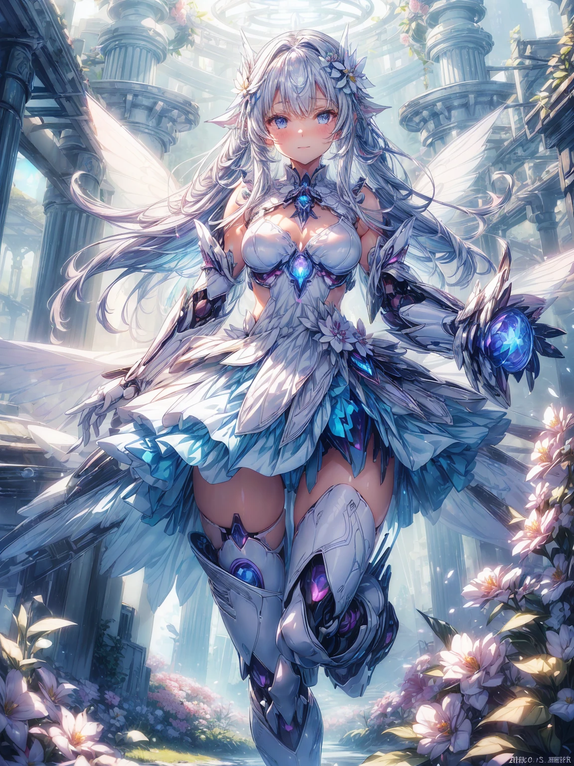 (Illustration Style:1.0), (One Woman:1.0), (20-year-old:1.0), (Small breasts:1.2), (flower garden background 1.3), (Lots of flowers:1.3), (floating pose, Jumping:1.2),
(Medium Shot:1.2), (Written boundary depth:1.1), Blake
(A beautiful face with perfect symmetry:1.1), (Beautifully detailed clear blue eyes:1.1),
(Cybernetic female robot:1.0), (Very detailed mech suit:1.1), (White Gothic Breastplate:1.1),
(Long silver hair:1.0),
(Gorgeous white shrine maiden costume :1.3), ("iridescent holographic fairy wings :1.3), smile, Machinery Armor、Organic Armor Cyborg、Armor Textures、garden、Lots of flowersに囲まれています