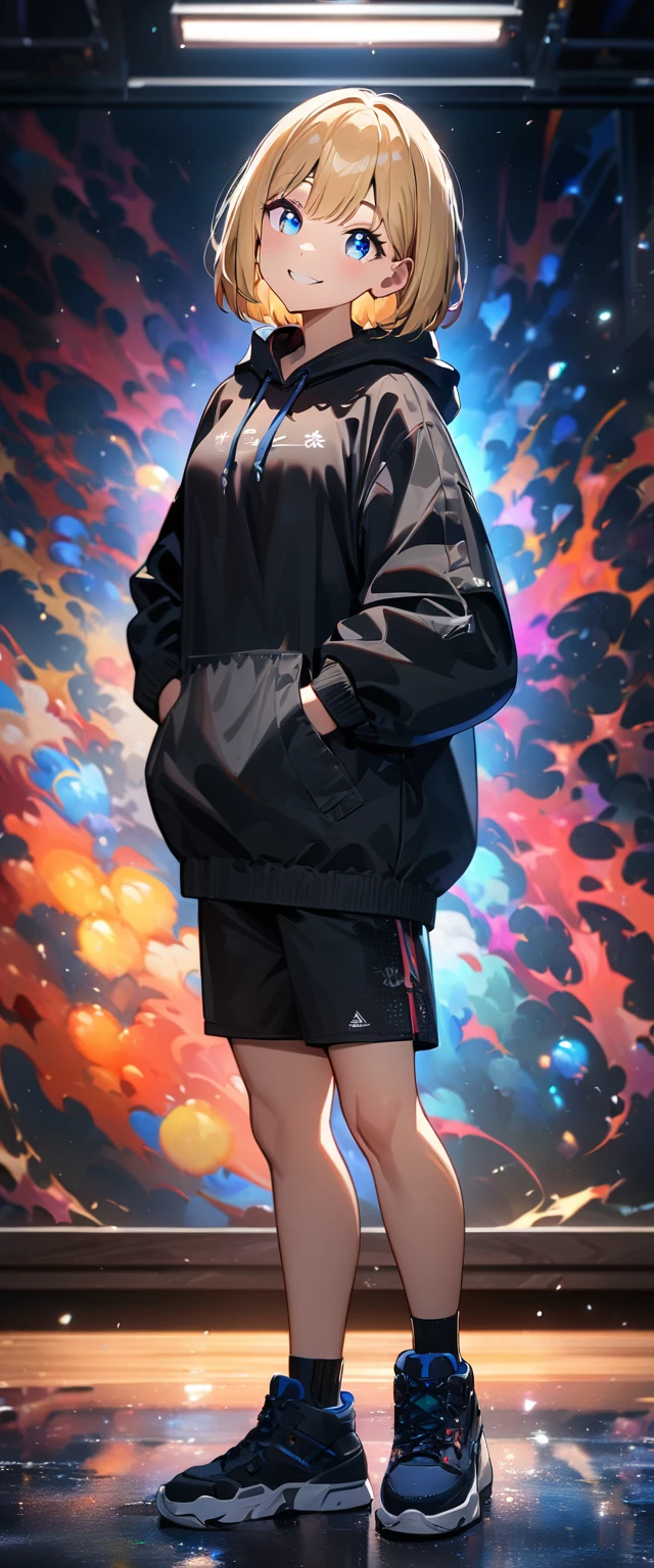 (((One girl))), blond hair, bob cut, (full body), (looking at viewer), breasts, teenager, head tilt:1.3, (((blue eye))), (from side), hand in pocket, ((happy smile)), black hoodie, black shorts, anime style, (best quality, 4k, 8k, highres, masterpiece:1.2, ultra-detailed, ultra-detailed eyes, HDR, UHD, studio lighting, ultra-fine painting, sharp focus, physically-based rendering, extreme detail description, professional, vivid colors, bokeh)