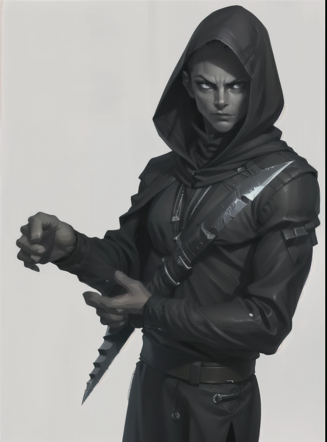 I want a killer, with a dagger in one hand and a seal in the other, de black clothing e furtivo, he must have a dagger in his hand, and your posture must be stealthy, black clothing, black hoods, stylish pose, no back ground, White background.