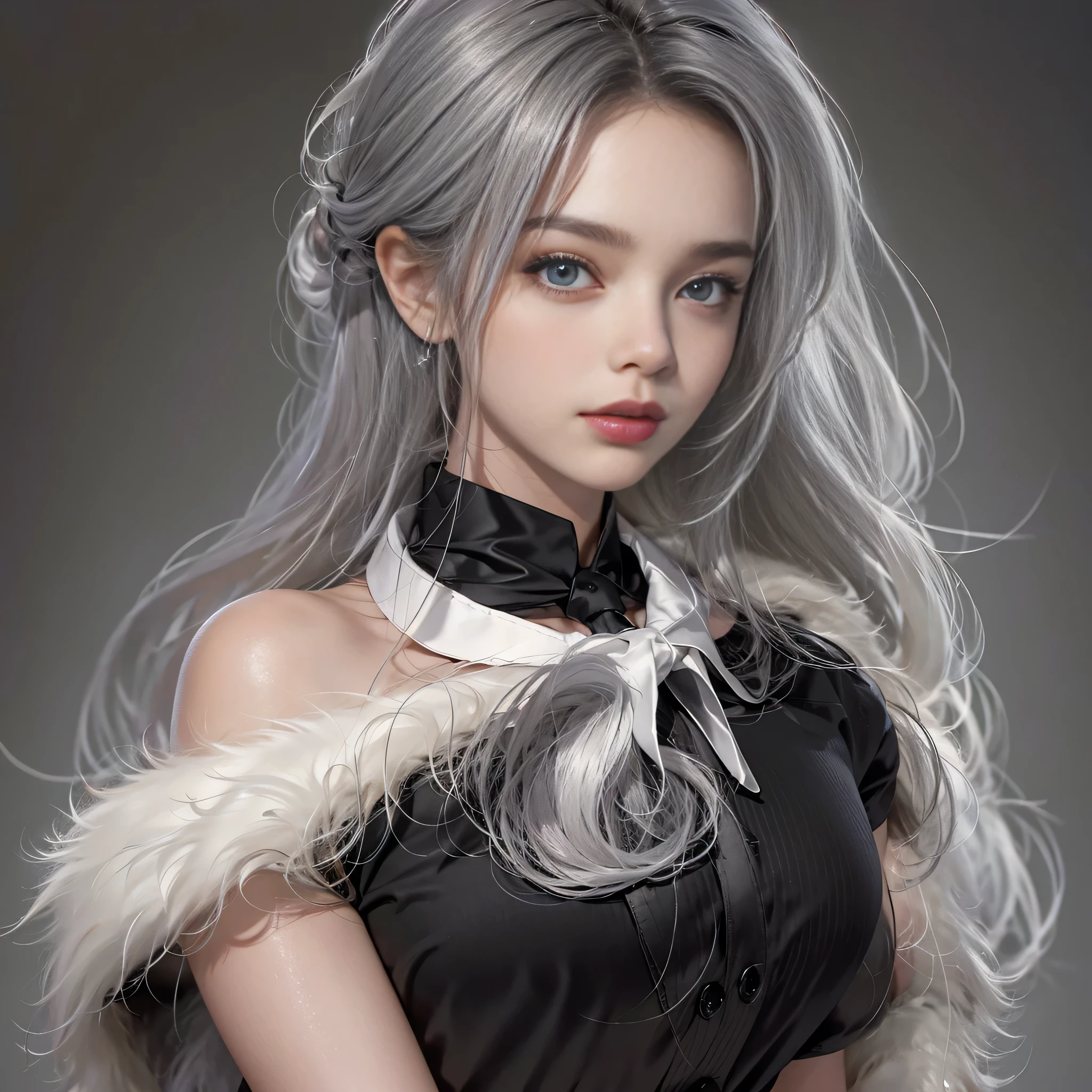 Photorealistic, High resolution, 1 Women, Solo, hips up high, Beautiful eyes, Close lips, Detailed face, White hair, Long hair, Collared shirt, black necktie,Black skirt, pencil skirts, Fur coat, Black stockings