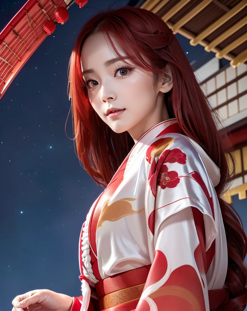 (Highest quality, 32k, High resolution, Masterpiece:1.5, ), marimo_jet, god々A photograph with brilliant dazzling and healing power., Evoking a sense of calm and elusive beauty, Expressing emotions, Have a rich imagination,Beautiful Japanese Girls, ((Low - Angle:1.5)), An exceptionally beautiful face, Small Face Beauty, Perfect Human Anatomy, Magical big eyes, Motherhood and generosity, Deep Love, fleeting smile, ((shiny red hair:1.1)), ((Super Long Straight Silk Hair)), Asymmetrical bangs, Hair between the eyes, Transparent, soft white skin, Sharp eyebrows, Thin lashes, Natural Makeup, Cheek highlighter, Pale pink detailed lips, , ((Red kimono:1.5)), Slim figure with ample breasts, ((Detailed night sky background:1.3)), , Professional Lighting, Professional photographer, Professional models, god秘的
