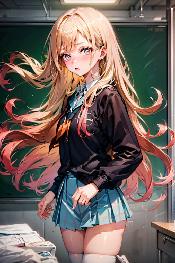 Chestnut Hair、Semi-long hair、Blushing、lipstick、Perfect hands、Detailed hands、pantyhose pull,panty pull、classroom、School、blackboard、school uniform、日本の、Pull down your panties