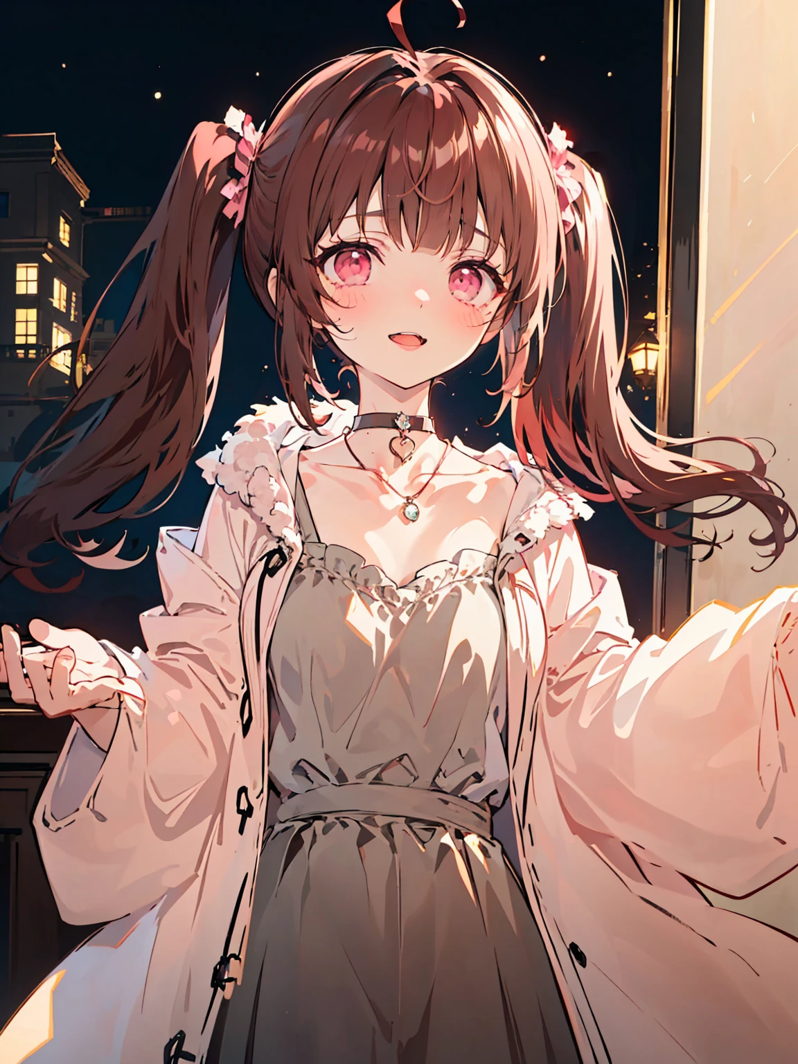 {{{{masterpiece}}}}, {{{Super detailed}}}, {{{high resolution}}},{{high resolution:1.3}}, {{good anatomy}}, (((best quality))), ((anime style,anime girl)),(((pink eyes,brown hair))),(big perfect eyes),((yandere,dark eyelash)),(((coat skirt,collarbone,gray dress, jewelry, choker,necklace,dark atmosphere,night time))), hairclip, {8k cg wallpaper}, {{illustration,zoom in,focus on face,close-up shot, looking out a window}},((twintails|ahoge|floating hair|blunt bangs|short hair|curly))smile,(1girl:1), bride,solo,alone,(Color difference:1.2),(yandere smile,open mouth with Tongue,evil smile,Dark space),blushing,neat face,(medium breasts),((The details are complex、Shallow depth of field、weak lighting、a Canon EOS R5、50mm lens、f / 2.8、shot at 8k resolution))