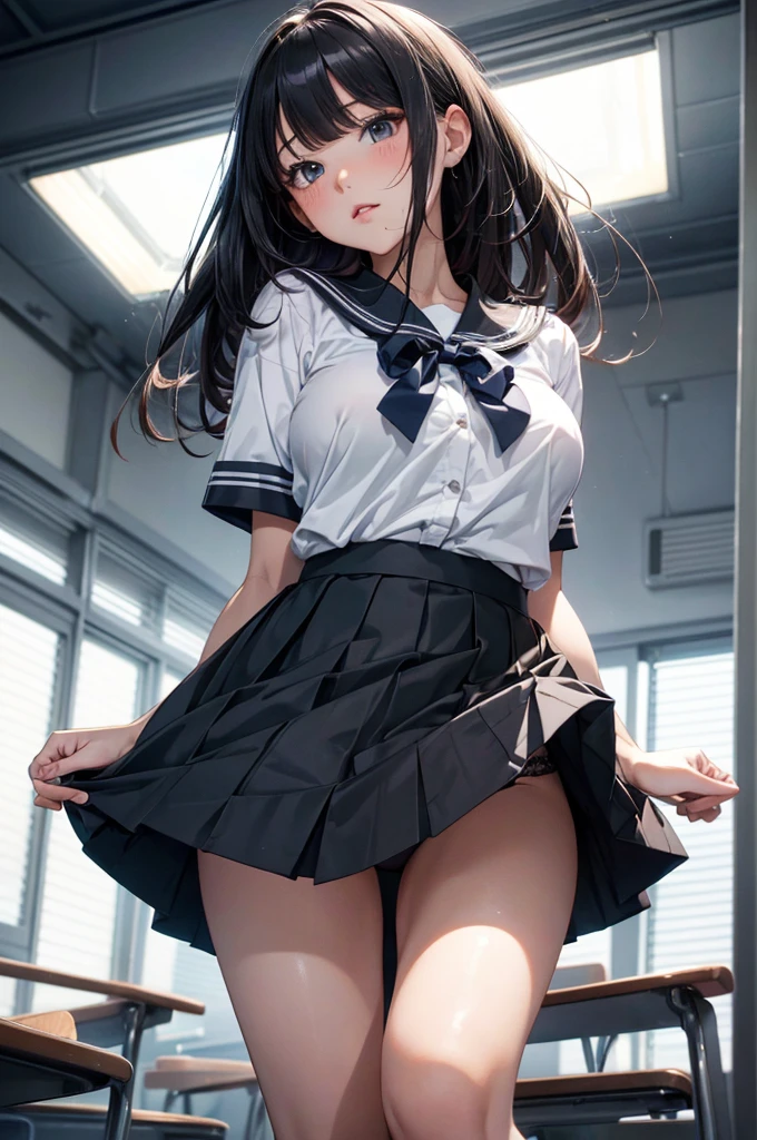 Absurd, Super detailedな,(In 8K:1.3),Masseter muscle area,(masterpiece:1.2)、(Highest quality)、4K、Super detailed、(Movement Structure:1.4)、(Shining Lights、Atmosphere lighting), High resolution, Best Quality、(One girl:1.4),Super detailedな,Bright colors、Treebreak Production Art、(Warm color light source:1.2),High-level image quality、Fine image quality、Intricate details,Volumetric Lighting,Realism BREAK、Profile、 Very beautiful face and eyes, Beautiful images、 shoot from below、 Volumetric lighting、 (from directly below:1.8)、 Idol face、、(Baby Face:1.4)、natural make up、big eyes、(Big Tits:1.2)、(Breast bag)、(glossy skin :1.5), (sit:1.2)、School Chair、(to lift up one’s black skirt:1.4)、 (School classroom:1.2)、 (black hair、blunt bangs、straight hair:1.2)、 sailor suit, dark blue collar, white shirts, short sleeve, school, dark blue skirt, black skirt、(Good, highleg panties, highleg, groin)、 (full face blush:1.2),