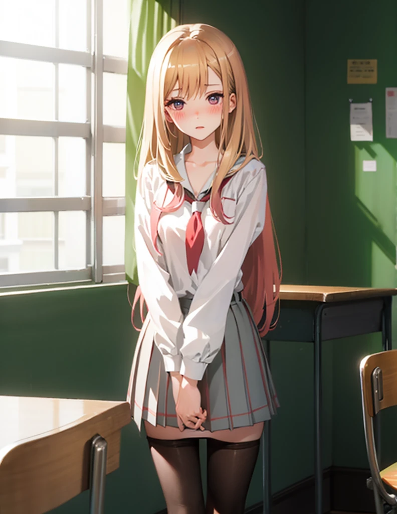 Chestnut Hair、Semi-long hair、Blushing、lipstick、Perfect hands、Detailed hands、pantyhose pull,panty pull、classroom、School、blackboard、school uniform、日本の、