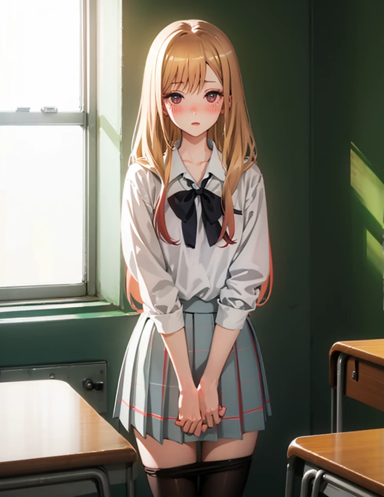 Chestnut Hair、Semi-long hair、Blushing、lipstick、Perfect hands、Detailed hands、pantyhose pull,panty pull、classroom、School、blackboard、school uniform、日本の、