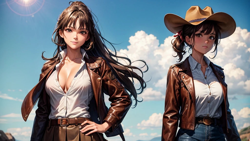 1girl, solo, wild west, summer, village, western, cowboy, sun, clouds, ((brown hair)), curly hair, ponytail, large full breasts, ((brown leather jacket)), button down shirt, ((white shirt)), ((short sleeved shirt)), ((unbuttoned shirt)), unbuttoning buttons, cleavage 1:3, brown eyes, skirt, grin, looking at the viewer, standing, hair ribbon, golden necklate, gun, shooting, cowboy hat