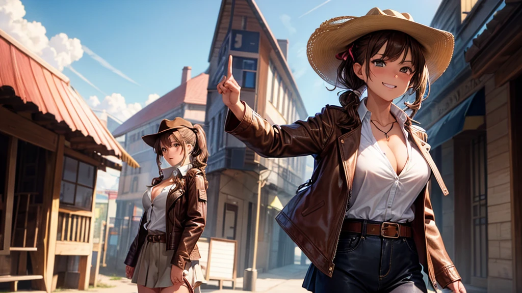 1girl, solo, wild west, summer, village, western, cowboy, sun, clouds, ((brown hair)), curly hair, ponytail, large full breasts, ((brown leather jacket)), button down shirt, ((white shirt)), ((short sleeved shirt)), ((unbuttoned shirt)), unbuttoning buttons, cleavage 1:3, brown eyes, skirt, grin, looking at the viewer, standing, hair ribbon, golden necklate, gun, shooting, cowboy hat