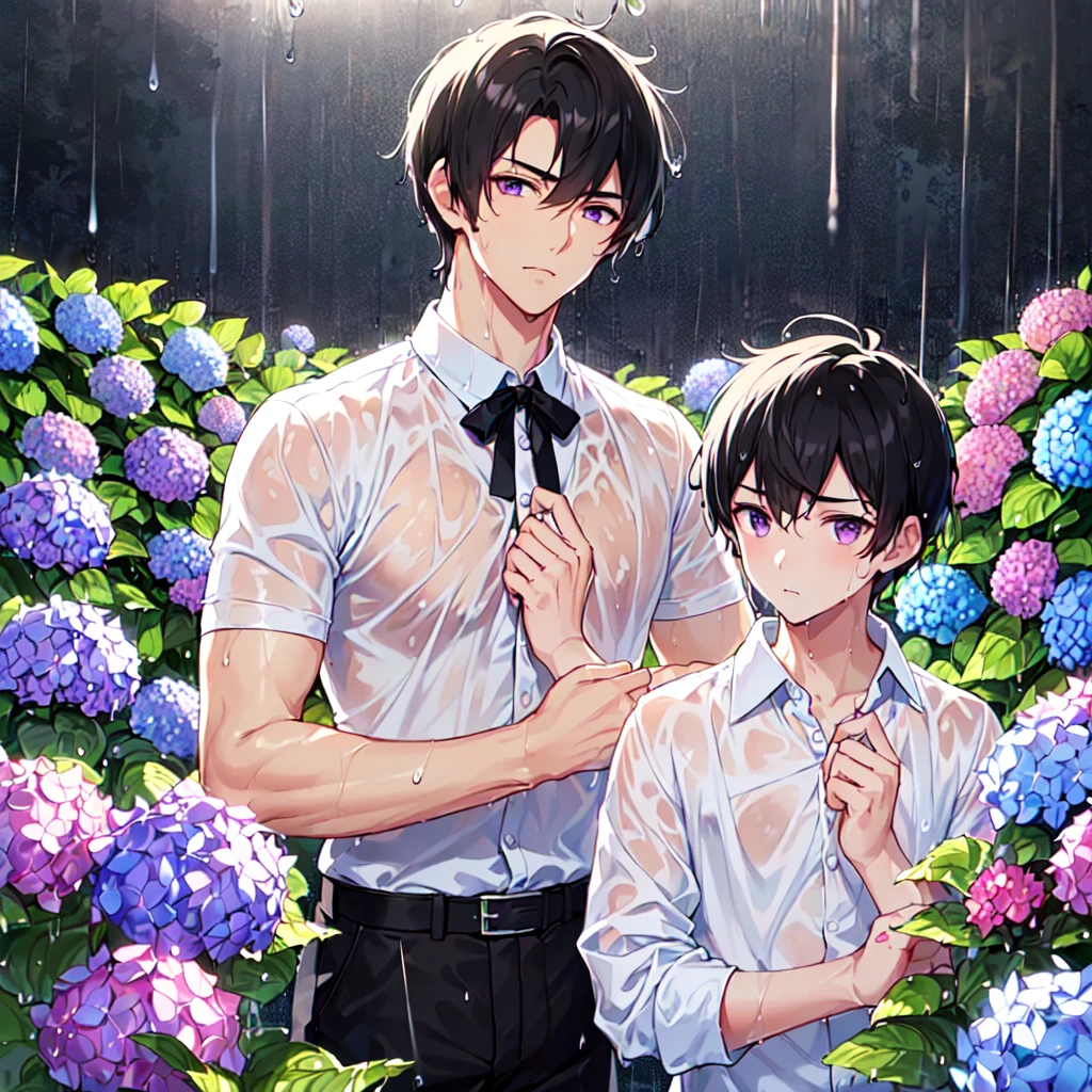 masterpiece,best quality,high quality,(2male austere handsome two people adult 0: 1.5), purple eyes, cool with suspended eyes, V-shaped eyebrows, body strong and fearless 8.5 head tall, height 185 cm, (well-groomed short black hair down to neck: 1.4), (bangs split into seven thirds: 1.4), slender nose, facial muscles, throat, (wet shirt and black trousers: 1.3), (hand on face), (standing), (stylish pose), (melancholy expression: 1.3), (background hydrangea garden: 1.3), (night rain: 1.3), (upper body:1.3)