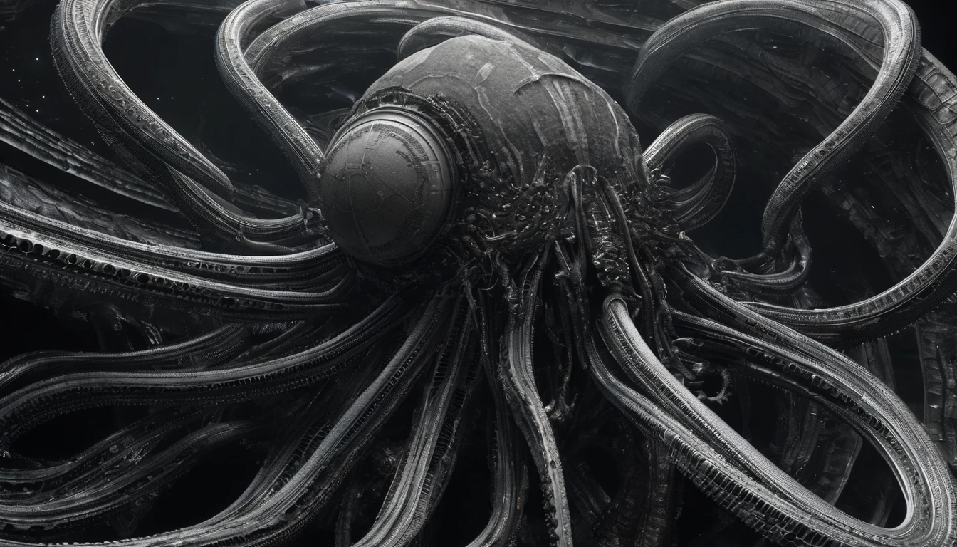 H. R. gieger planet, intricate gieger detail, movie still, nasa footage, planet with gieger detail, ridley scott film, film footage, planet with unusual surface, xenomorph planet, celestial body, anatomy, ribs, tentacles wrapped around a planet, appendage, tentacle planet, octopus xenomorph planet