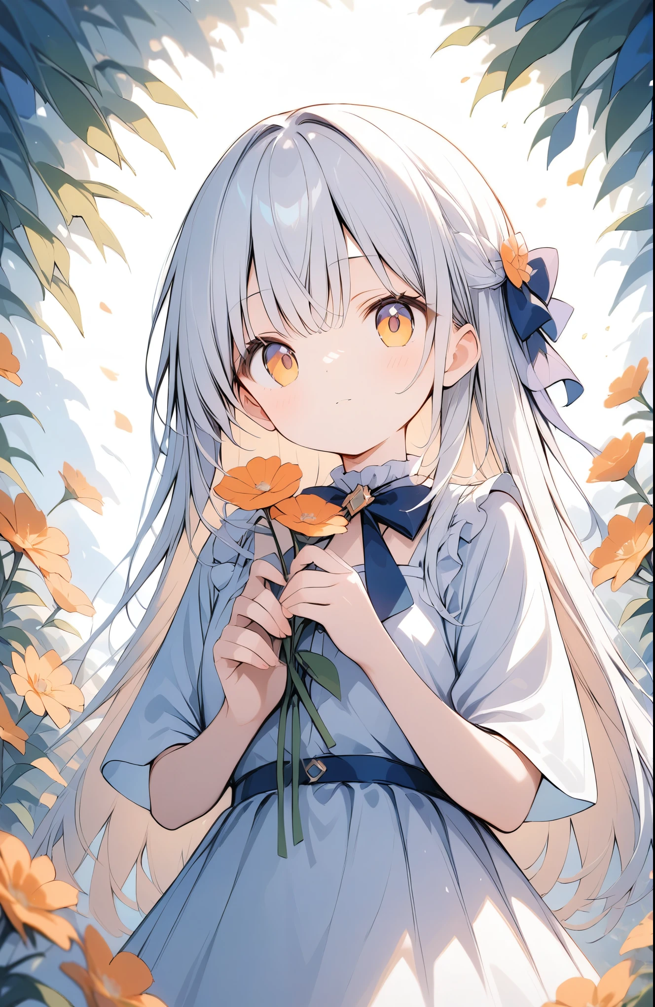 超High resolution, Attention to detail, high quality, High resolution, 最high quality, 4K, 8K, Awards、A young girl surrounded by flowers、White Dress、flowers in background、Light effect、Orange artwork