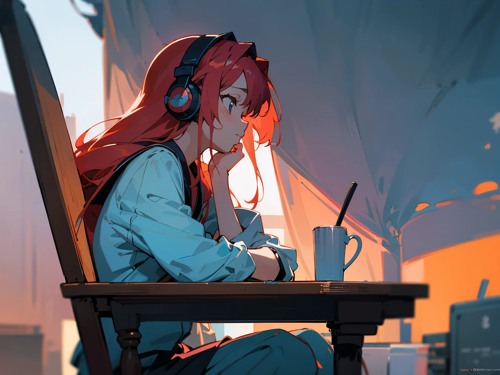 A red-haired 28-year-old woman with headphones sitting at a table with a laptop, profile、Long Hair-、Anime Style 4 k, Nightcore, Lo-fi Girl, Anime atmosphere, Lofi Artstyle, Portrait of Roffey, Anime Style. 8K, 4k anime wallpaper, anime wallpaper 4k, anime wallpaper 4k, Lofi Art, anime art wallpaper 4k, anime art wallpaper 4k, Anime aesthetics information