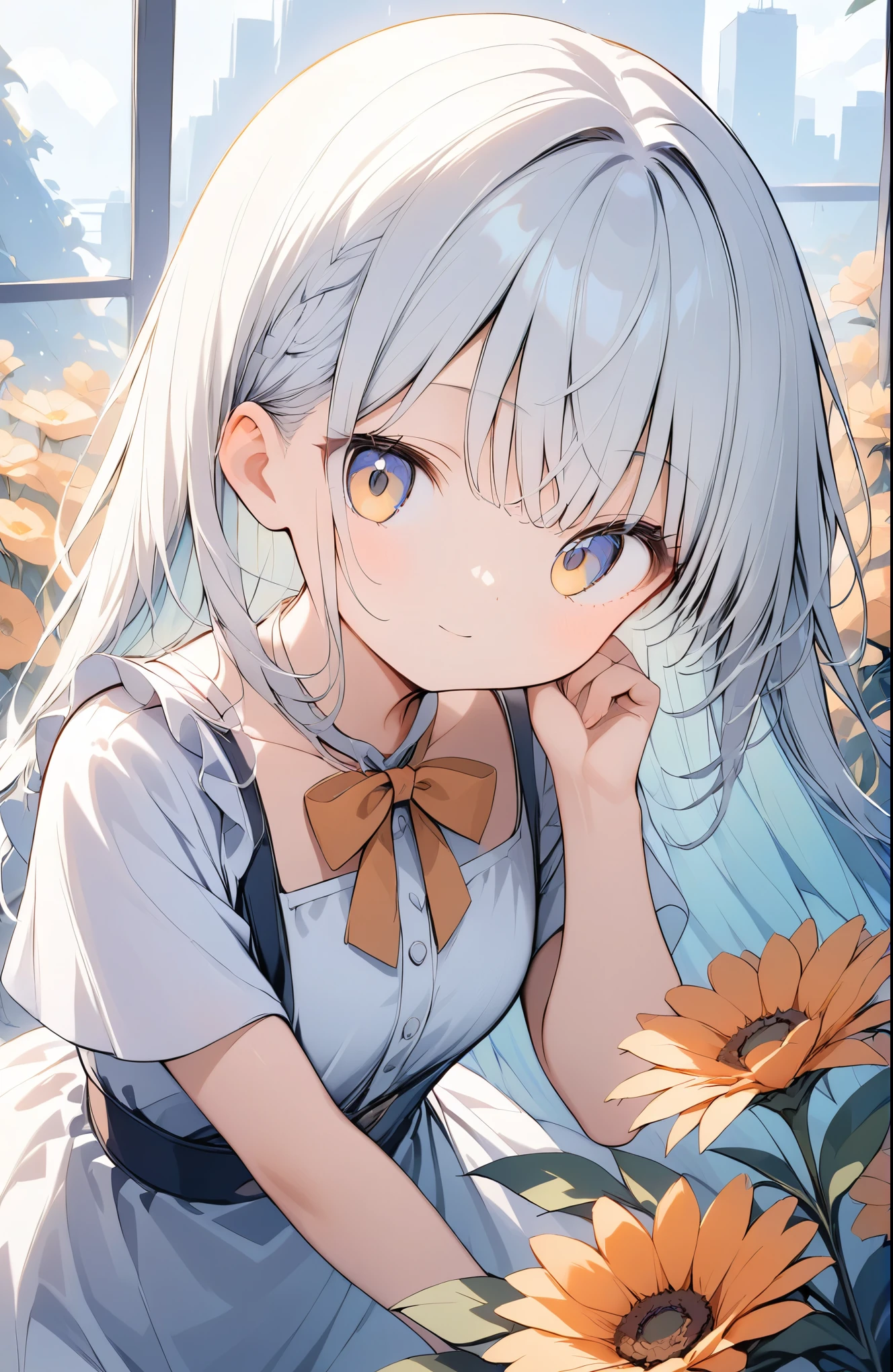 超High resolution, Attention to detail, high quality, High resolution, 最high quality, 4K, 8K, Awards、A young girl surrounded by flowers、White Dress、flowers in background、Light effect、Orange artwork、後ろ髪を縛る