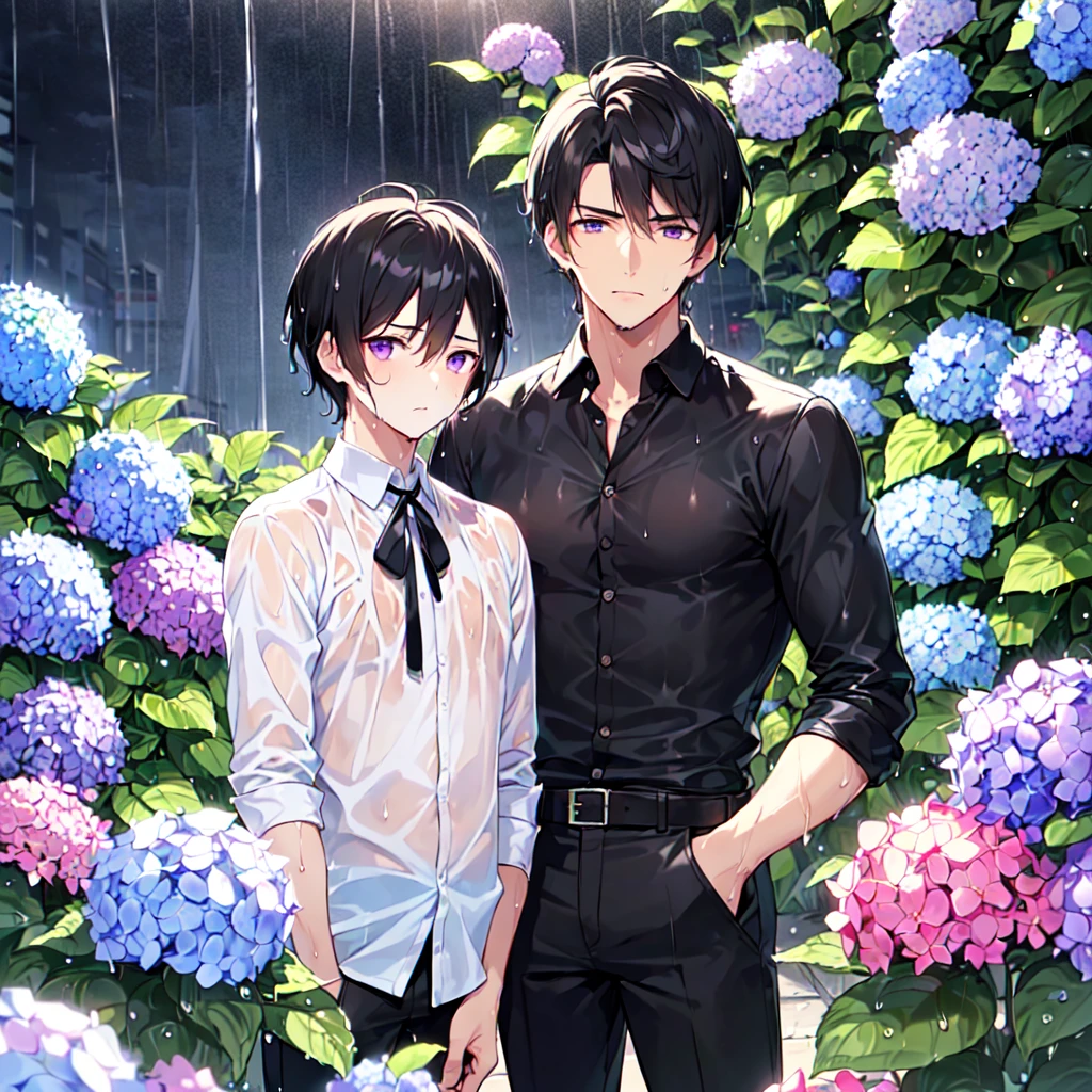 masterpiece,best quality,high quality,(2male austere handsome two people adult age 30: 1.5), purple eyes, cool with suspended eyes, V-shaped eyebrows, body strong and fearless 8.5 head tall, height 185 cm, (well-groomed short black hair down to neck: 1.4), (bangs split into seven thirds: 1.4), slender nose, facial muscles, throat, (wet shirt and black trousers: 1.3), (hand on face), (standing), (stylish pose), (melancholy expression: 1.3), (background hydrangea garden: 1.3), (night rain: 1.3), (upper body:1.3)
