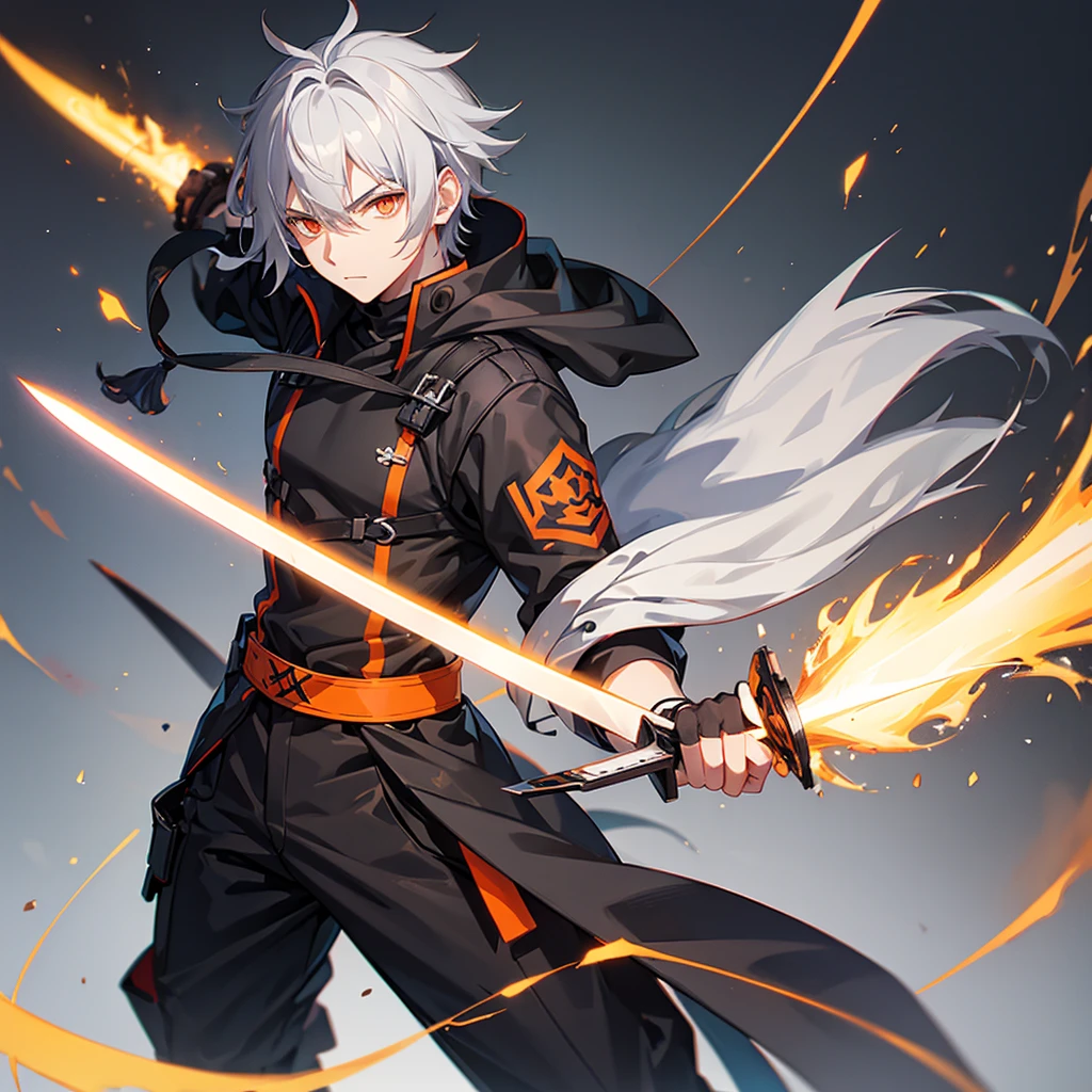 Male character with gray hair and orange eyes with sword and black clothes 