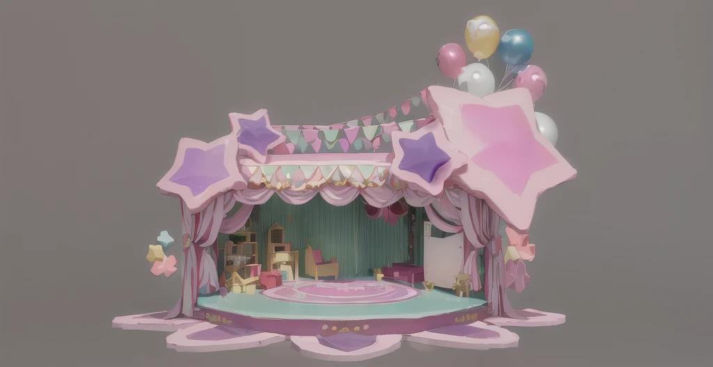 there is a small doll house with a stage and balloons, kawaii hq render, 3 d stylize scene, theater stage, in a candy land style house, 3 d render stylized, 3d magical details, theatre stage, stage, detailed set design, stage background, beautiful render of a fairytale, cute 3 d render, stylized 3d render
