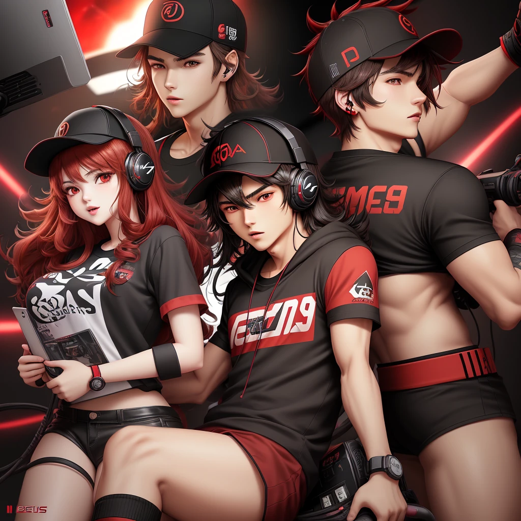 Gaming anime logo with text BEBE SOALLES (QI)
Hat, gaming headphones, naughty man, teenager, 18-years old, red and black shirt