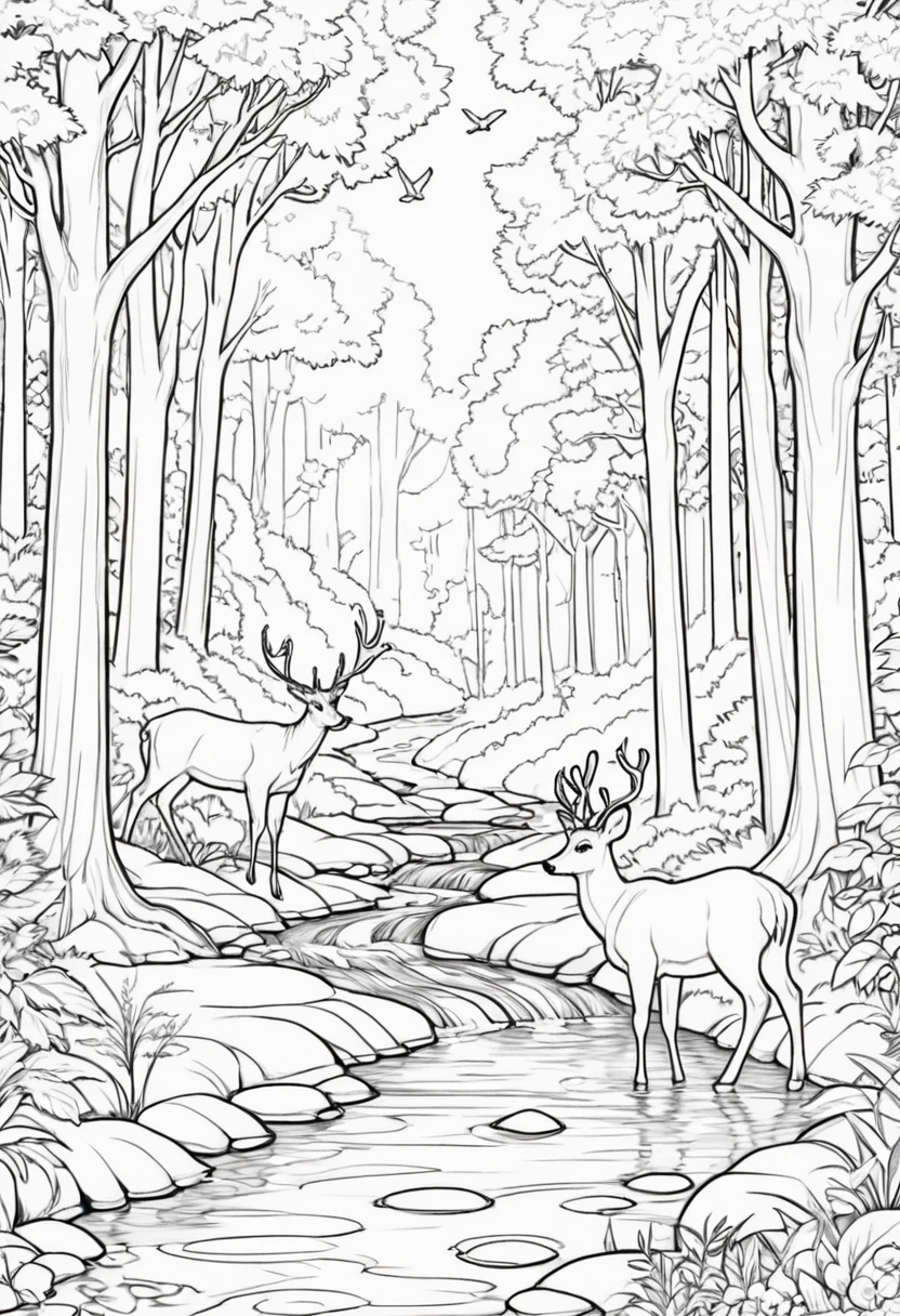 Coloring page of a forest with majestic, majestic trees through which a gentle stream flows. Include animals such as deer and birds to enhance the peaceful scene. The lines should be thick and clear, solid black lines or bold lines.