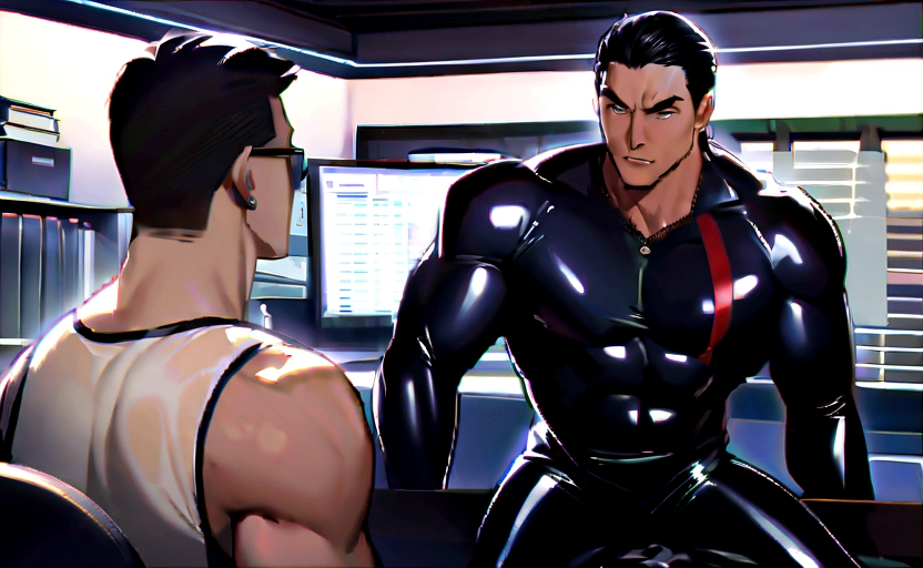 悪役 High quality two men in love 20years old,a daddy,tight black shiny latex suit sit down,k hd,in the office,muscle, gay ,black hair,Asia face,masculine,strong man,the boss is,handsome,Sex,leather gloves,lecherous dad,look straight ahead,Dad is erection