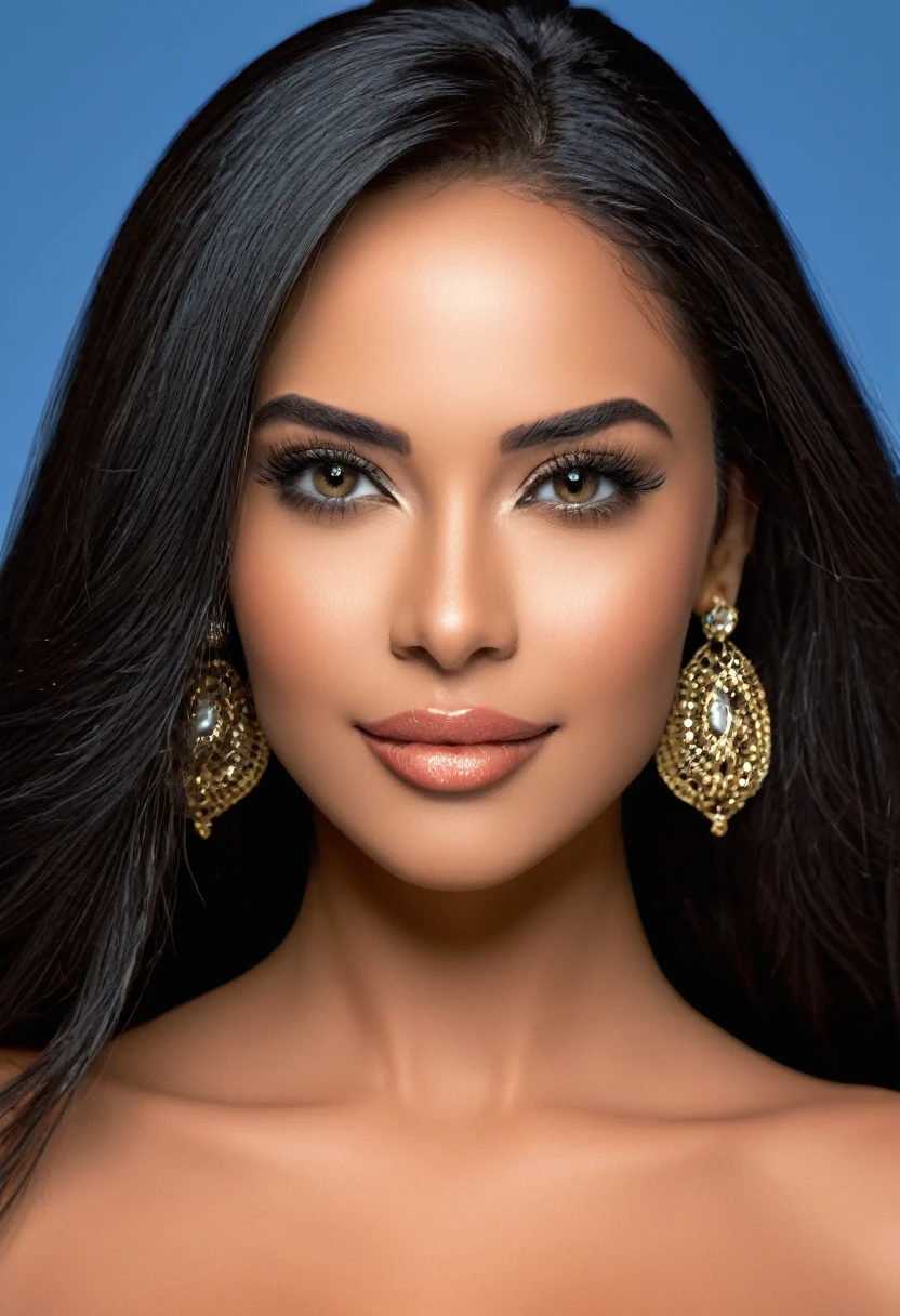 A beautiful woman, beautiful Latina face, Young Brazilian Nyvi Estephan, Brazilian supermodel, serene and elegant beauty, Angolan descent, young adult 30 years old, nerdy woman, tall woman, a stunning black woman, with indigenous features, beautiful indigenous girl, native Brazilian, ((An African girl indigenous European ebony)), ((her beauty is undeniable)), beautiful young ebony with dark skin, tanned Mexican, long black hair, straight black hair, has an exotic beauty with beautiful eyes, realistic eyes , bright eyes, ultra detailed eyes, ultra realistic eyes, natural eyes, ultra detailed iris, perfect eyes, perfect iris, hyper realistic eyes, eyeliner, long and defined eyelashes, penetrating look that conveys confidence, striking, powerful expression, strong presence, striking makeup, full, voluminous lips, seductive lips, captivating, striking, unforgettable, dazzling, mischievous smile, wide smile, your features are captivating, subtle smile on your lips, beautiful and detailed face, detailed skin texture, Notice your shaped eyebrows perfect shape, which arch gracefully above the eyes, a small nose that is proportionate to the face and the soft contour of the face that accentuates the high cheekbones. Beautiful and glowing skin, intricate details, smooth skin, healthy and radiant appearance, Attractive slim woman, Average bust, Average and beautiful breasts, athletic physique, flat stomach, slim waist, huge hips, wide hips, big ass, thick thighs, legs shapely Concept art .3D 4k, high resolution, full sharpness photo realistic, breathtaking, Lentille nette, Photographie professionnelle, Objectif 70mm, Unreal Engine 5, wallpaper, colorful, art, (Hdr: 1.5), hyperdetailed, (ArtStation: 1.5) rich color, hyper-realistic, realistic texture, (dramatic lighting), Cinestill 800
